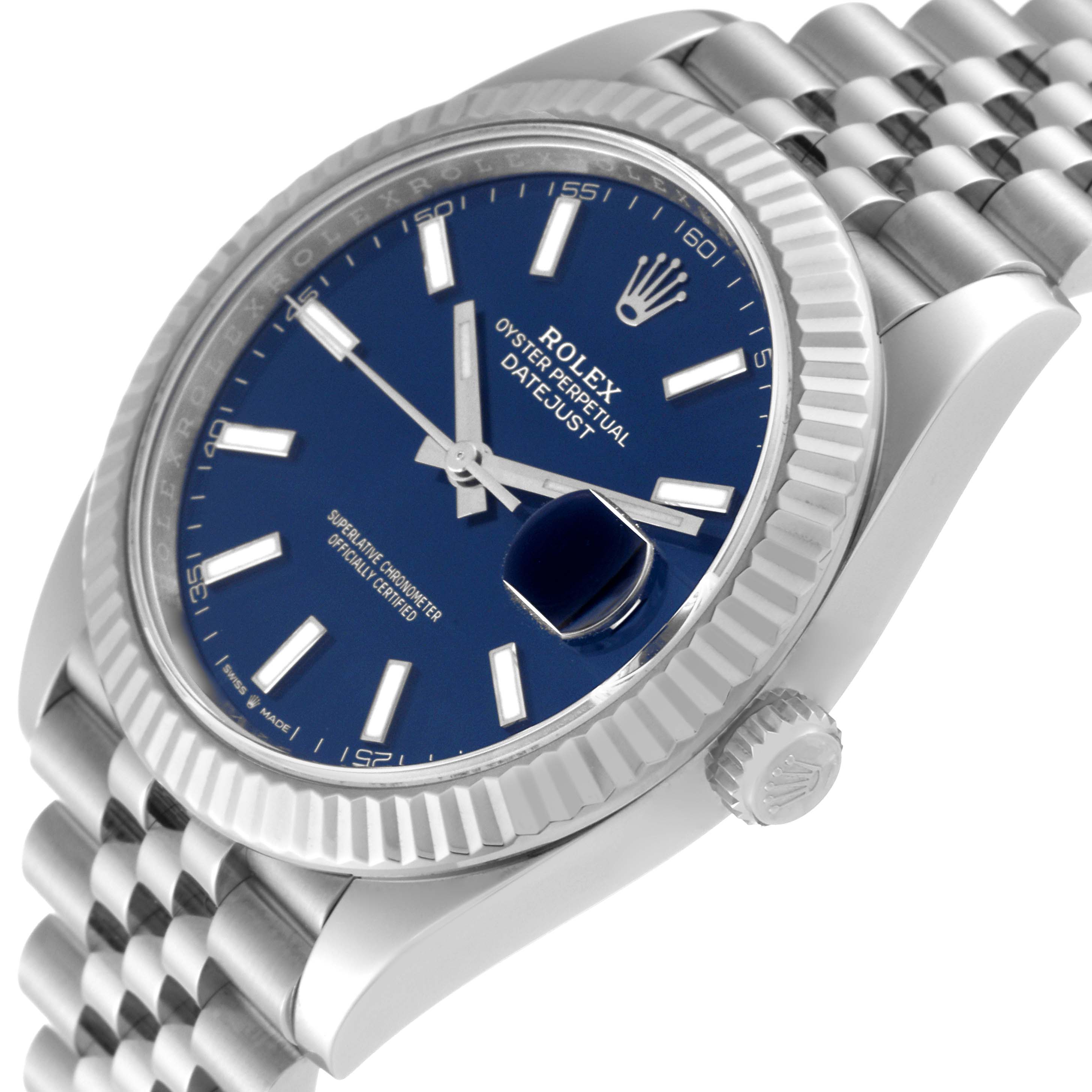 The image shows a close-up, angled view of the face, bezel, crown, and bracelet of a Rolex Datejust 41 126334 Men
s Stainless Steel Blue Dial 126334 Men
s Stainless Steel Blue Dial watch.