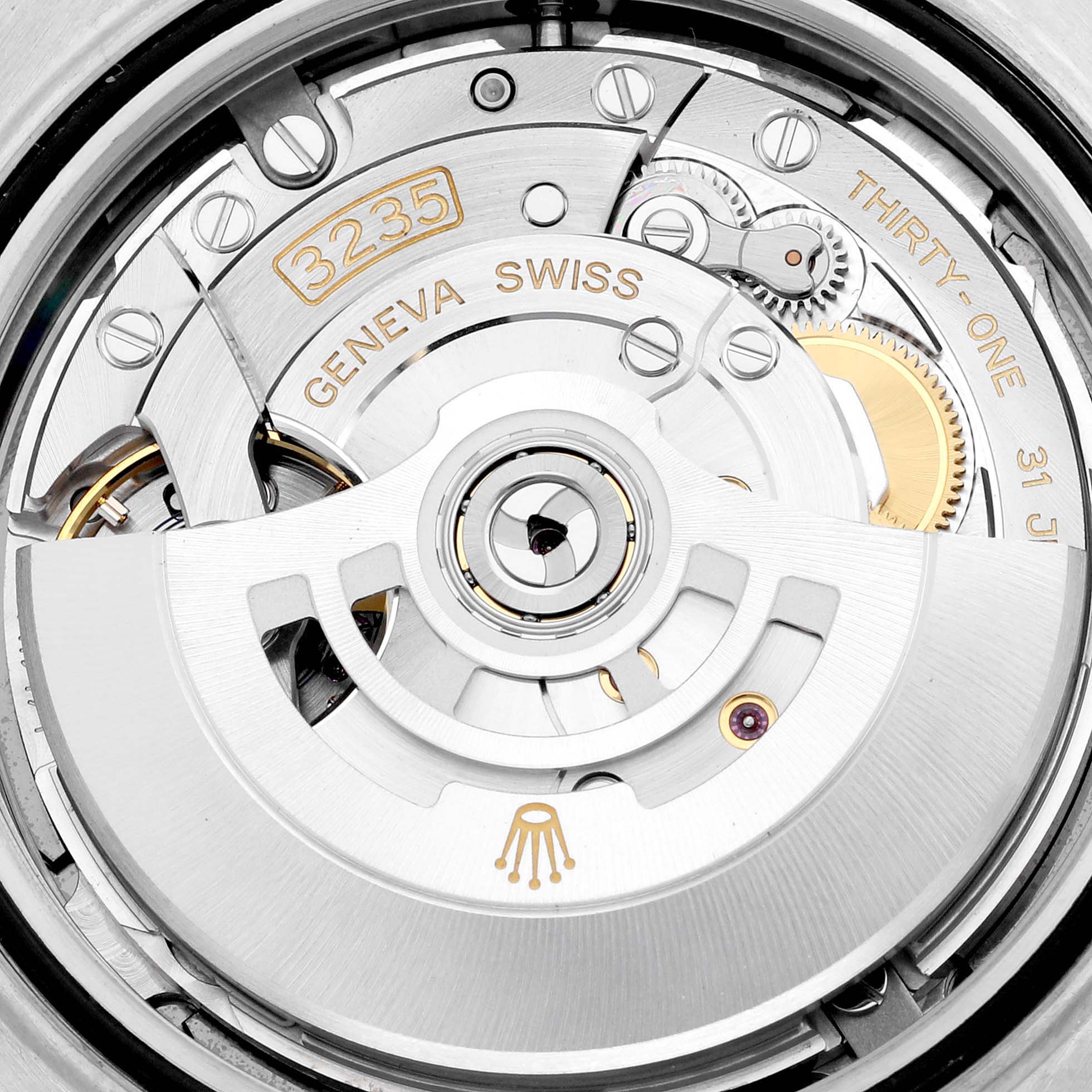 This image displays the intricate movement mechanism of the Rolex Datejust 41 126334 Men
s Stainless Steel Blue Dial 126334 Men
s Stainless Steel Blue Dial, focusing on the 3235 caliber.