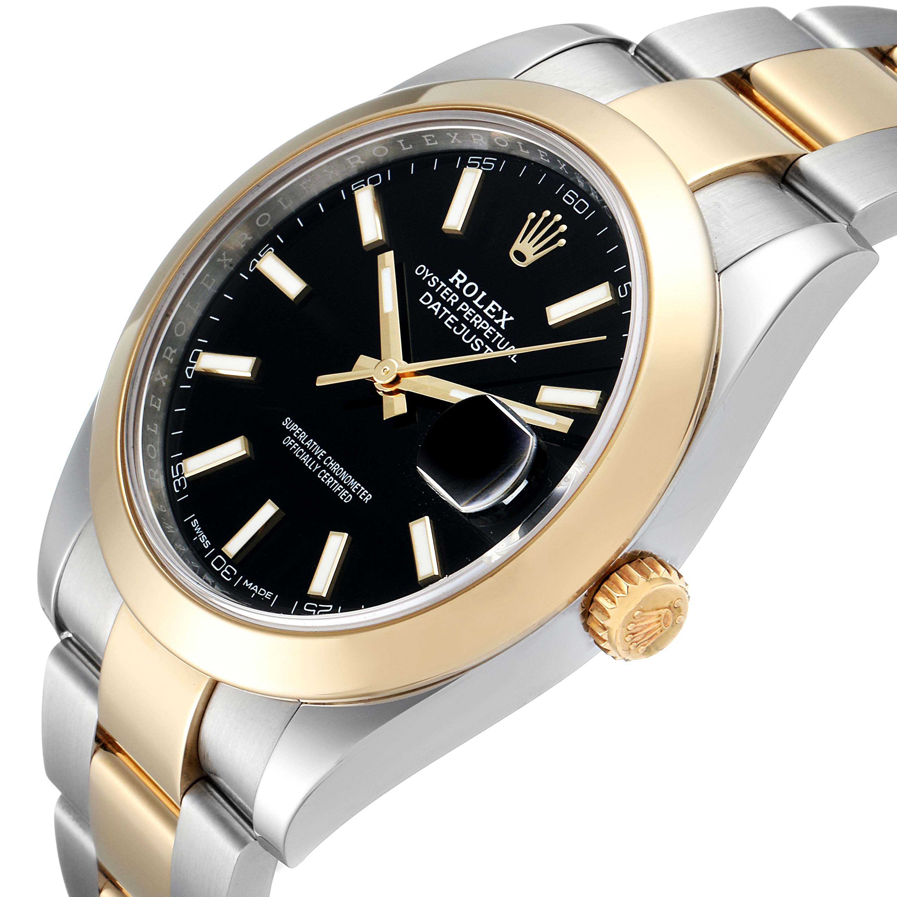 The image shows a side angle of a Rolex Datejust 41 126303 Men's Steel and Gold (two tone) Black Dial 126303 Men's Steel and Gold (two tone) Black Dial watch, highlighting its black dial, gold bezel, and two-tone bracelet.