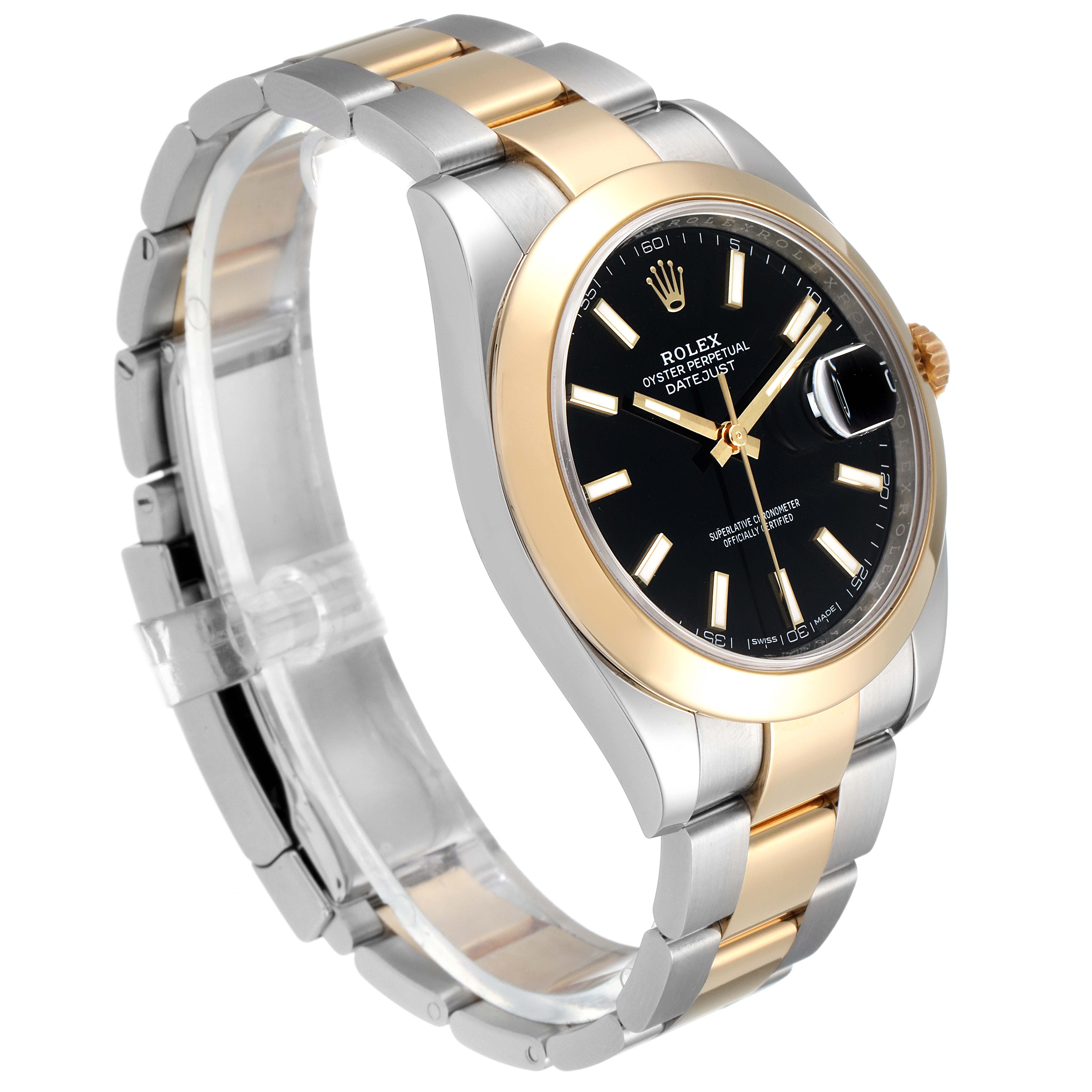 The image shows a Rolex Datejust 41 126303 Men's Steel and Gold (two tone) Black Dial 126303 Men's Steel and Gold (two tone) Black Dial watch angled to display the face, bezel, crown, and bracelet.