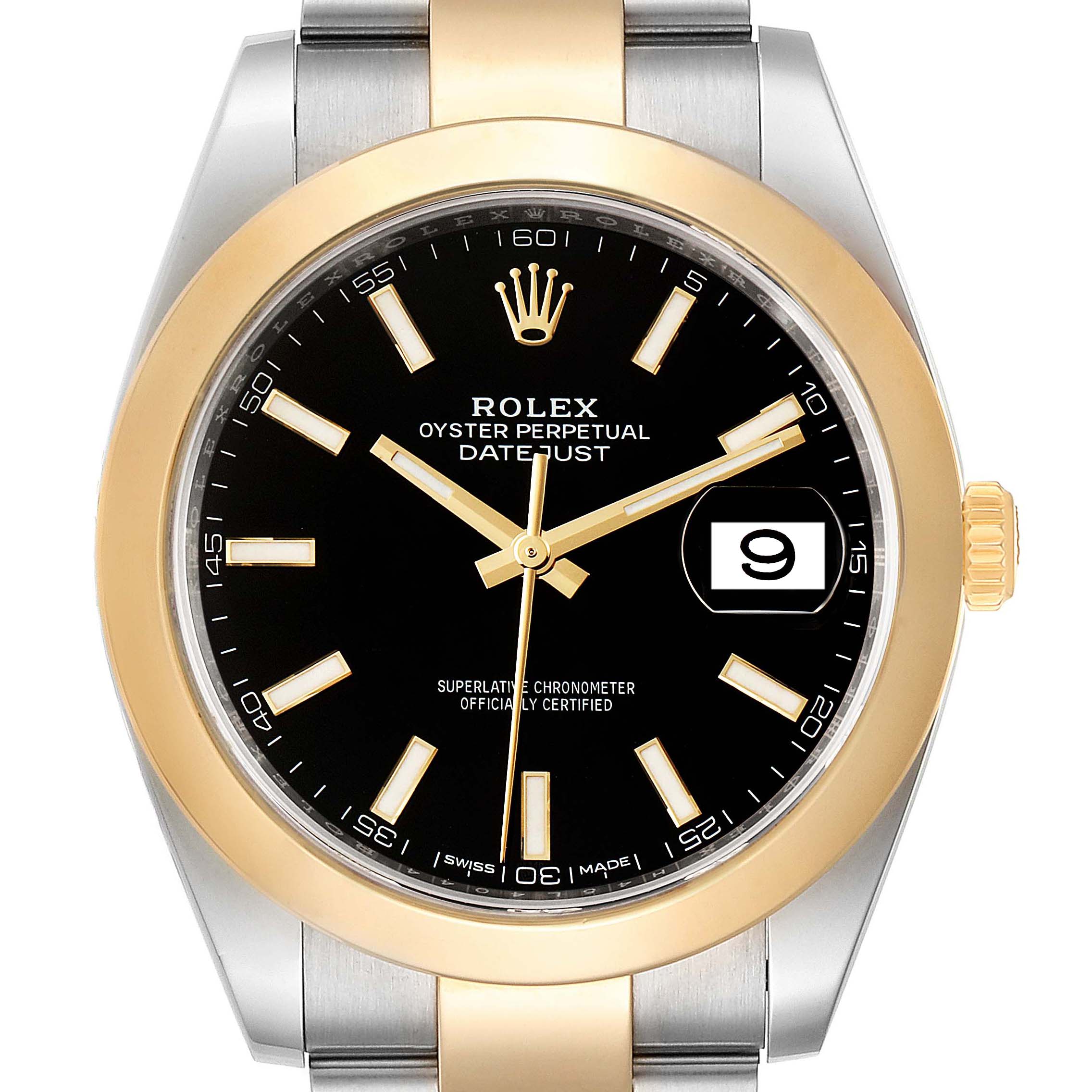 This image shows a Rolex Datejust 41 126303 Men's Steel and Gold (two tone) Black Dial 126303 Men's Steel and Gold (two tone) Black Dial model watch from a front angle, highlighting the dial, bezel, and part of the bracelet.