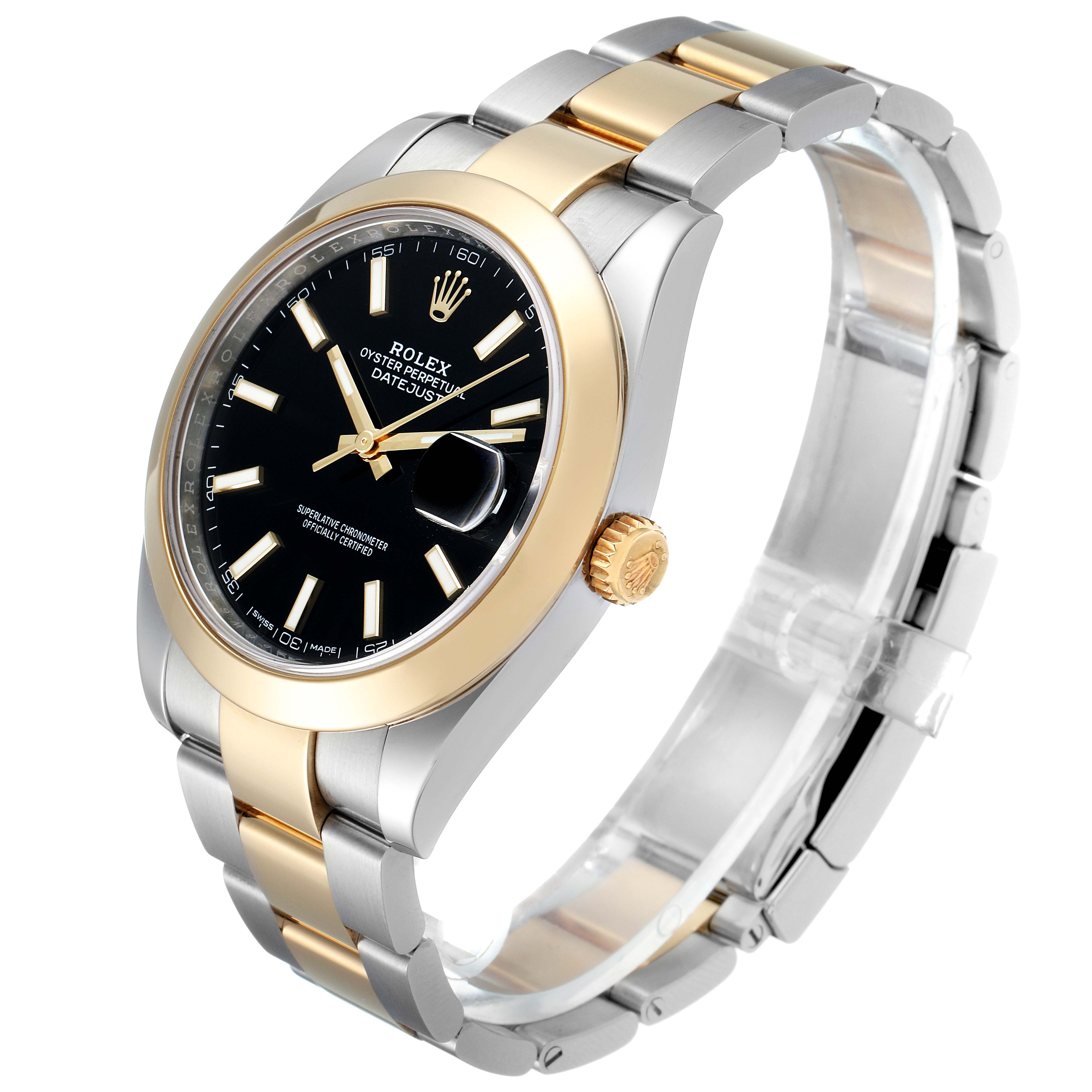 The image shows a Rolex Datejust 41 126303 Men's Steel and Gold (two tone) Black Dial 126303 Men's Steel and Gold (two tone) Black Dial watch at an angle displaying the face, bezel, crown, and two-tone bracelet.
