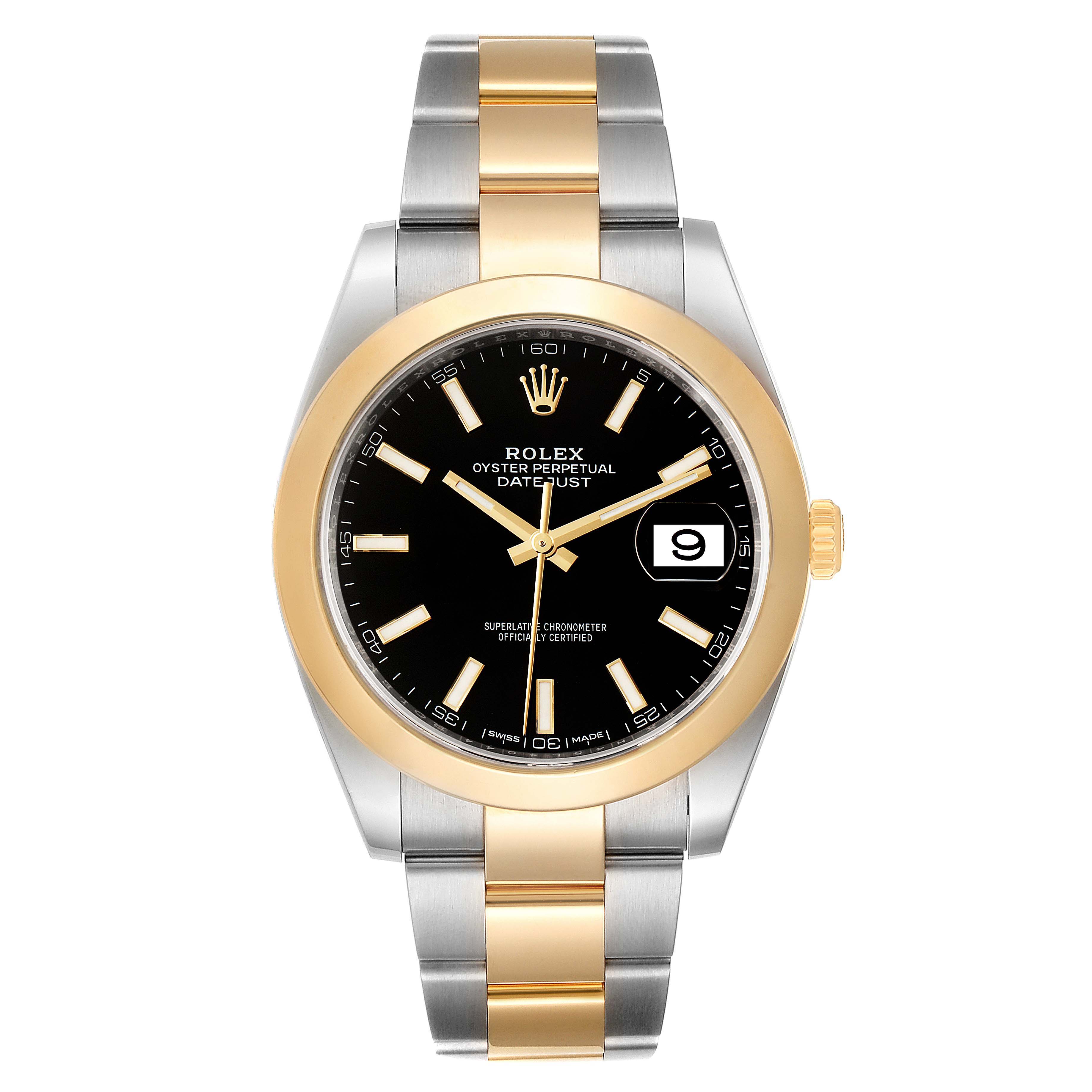 This image shows a front view of the Rolex Datejust 41 126303 Men's Steel and Gold (two tone) Black Dial 126303 Men's Steel and Gold (two tone) Black Dial watch, highlighting its black dial, gold bezel, and two-tone bracelet.