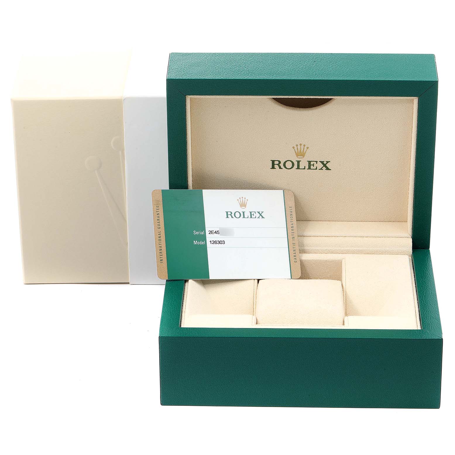 The image shows the packaging, storage box, and warranty card for a Rolex Datejust 41 126303 Men's Steel and Gold (two tone) Black Dial 126303 Men's Steel and Gold (two tone) Black Dial model.