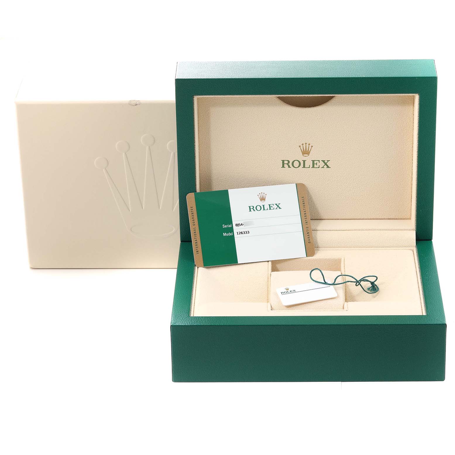 The image shows a Rolex Datejust 41 126333 Men's Steel and Gold (two tone) Champagne Dial 126333 Men's Steel and Gold (two tone) Champagne Dial watch box, including a warranty card, tags, and the original packaging.
