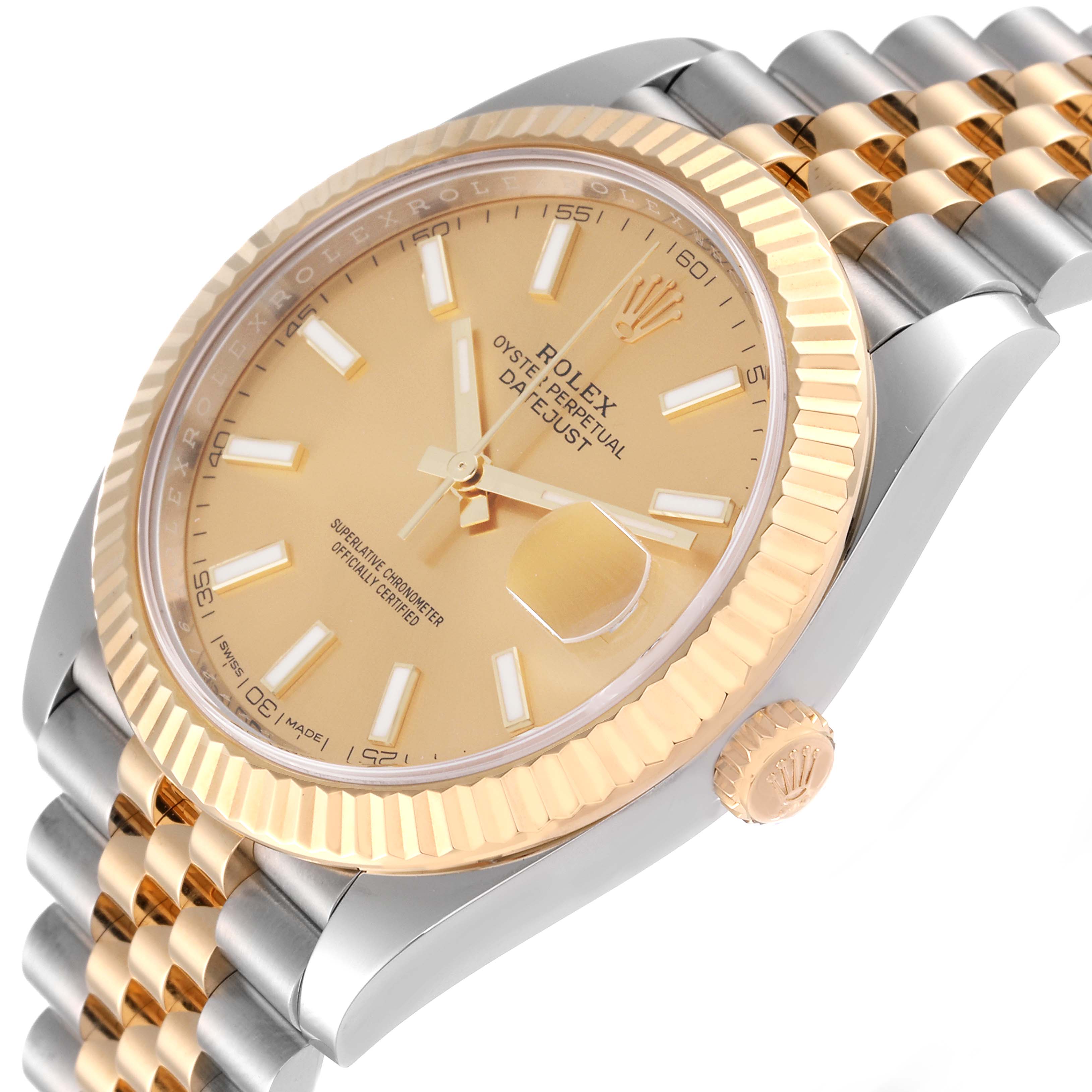 The image shows a partial side and top view of a Rolex Datejust 41 126333 Men's Steel and Gold (two tone) Champagne Dial 126333 Men's Steel and Gold (two tone) Champagne Dial, highlighting its gold dial, fluted bezel, and two-tone Jubilee bracelet.