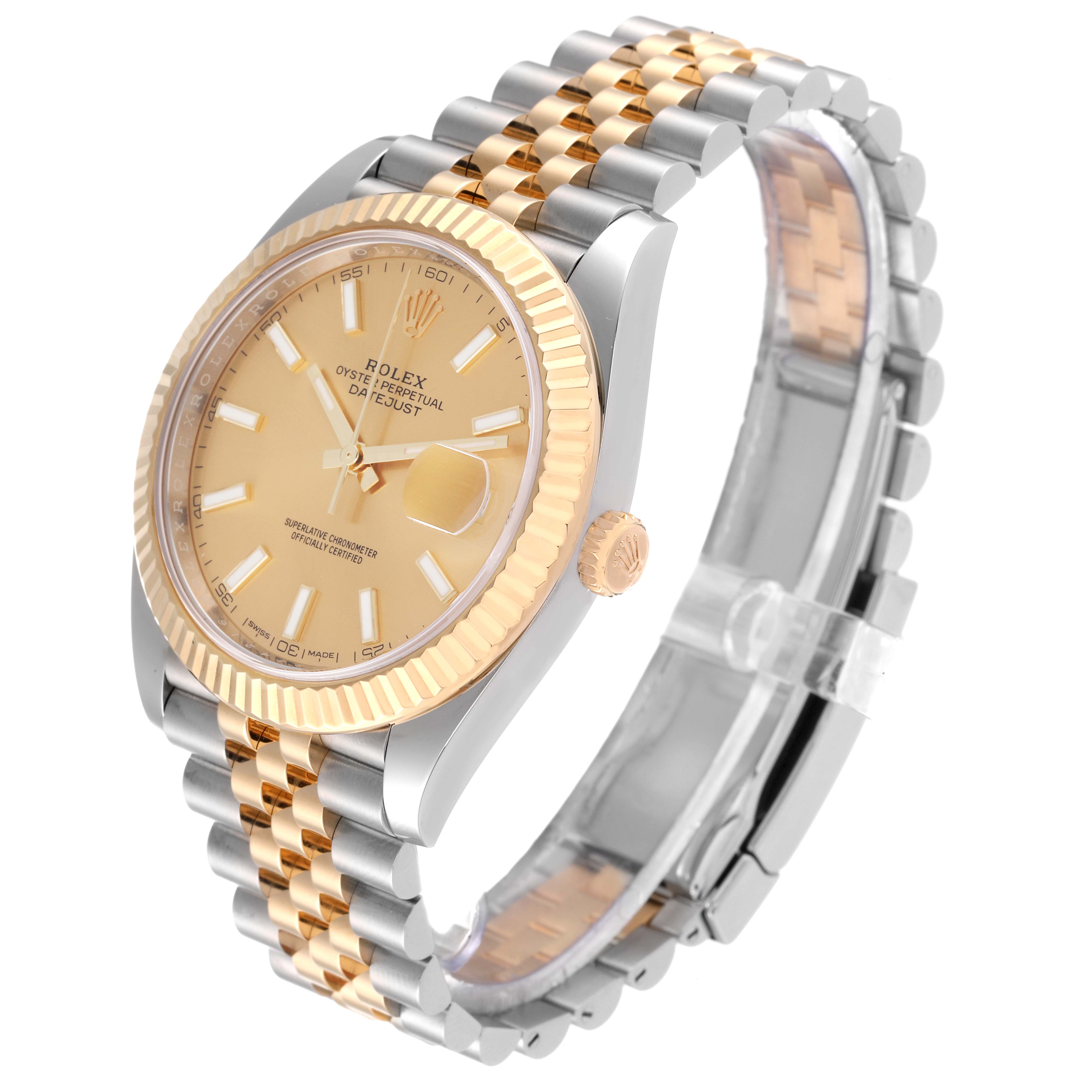 The Rolex Datejust 41 126333 Men's Steel and Gold (two tone) Champagne Dial 126333 Men's Steel and Gold (two tone) Champagne Dial watch is shown at a slight angle, displaying the face, bezel, crown, and bracelet.