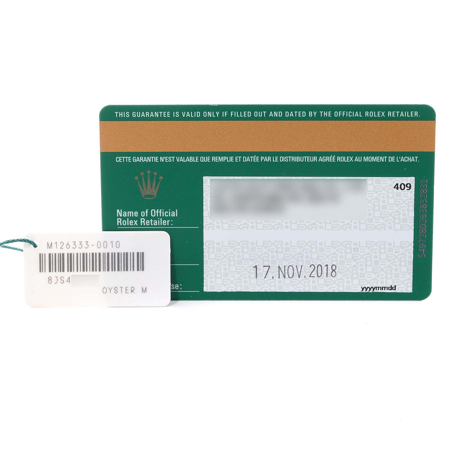 The image shows the official warranty card and an attached tag for a Rolex Datejust 41 126333 Men's Steel and Gold (two tone) Champagne Dial 126333 Men's Steel and Gold (two tone) Champagne Dial model.