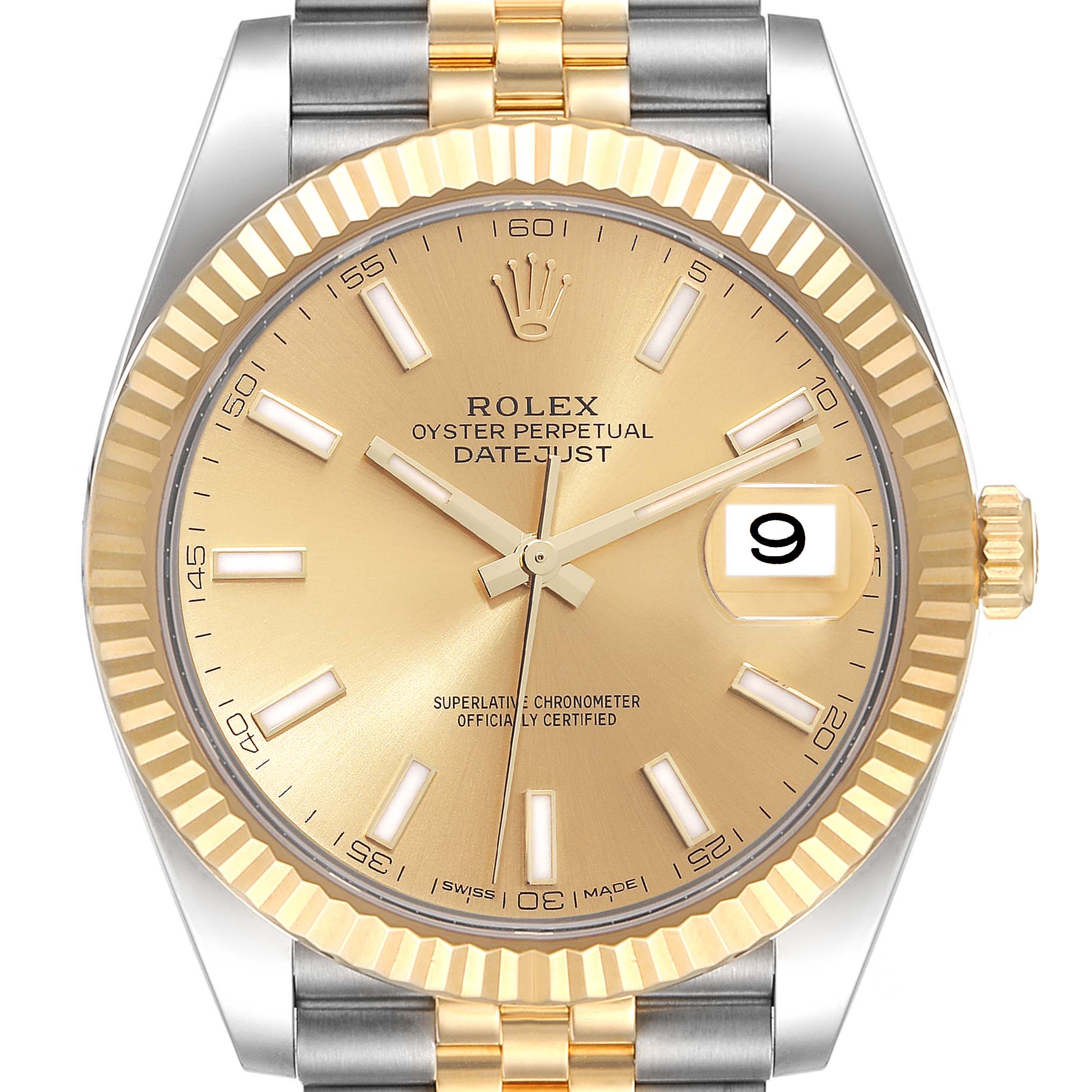 This image shows the front view of a Rolex Datejust 41 126333 Men's Steel and Gold (two tone) Champagne Dial 126333 Men's Steel and Gold (two tone) Champagne Dial watch, highlighting its gold dial, bezel, and two-tone bracelet.