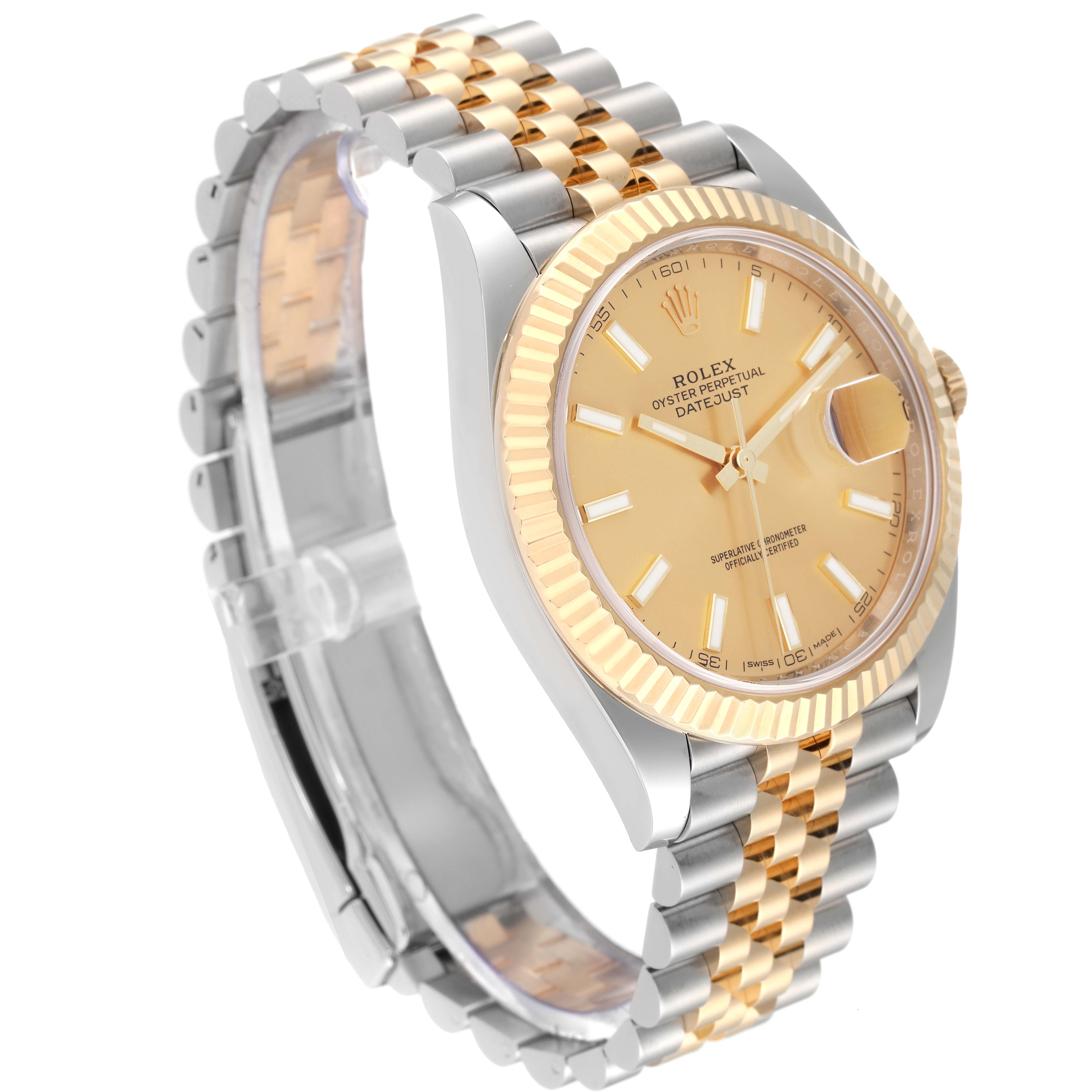 The image shows a Rolex Datejust 41 126333 Men's Steel and Gold (two tone) Champagne Dial 126333 Men's Steel and Gold (two tone) Champagne Dial watch at a side angle, highlighting its two-tone bracelet and gold dial.