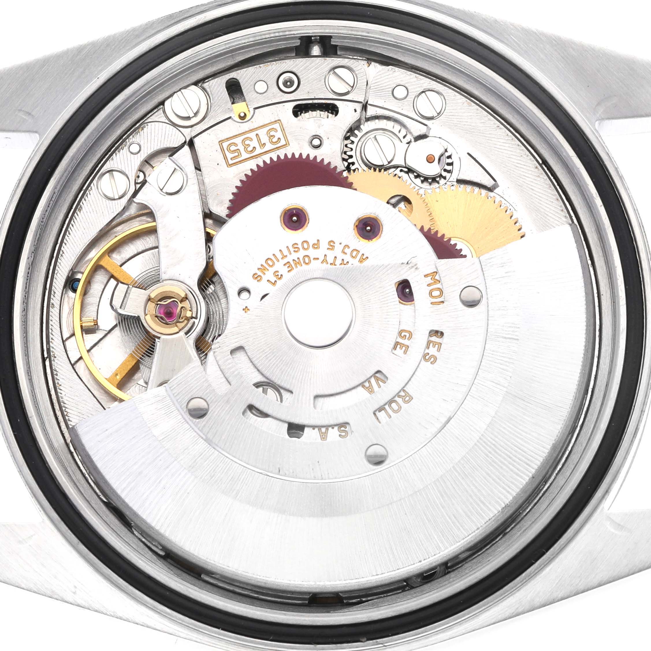 The image shows the movement mechanism of a Rolex Datejust 16200 Men's Stainless Steel Blue Dial 16200 Men's Stainless Steel Blue Dial watch from a rear view.