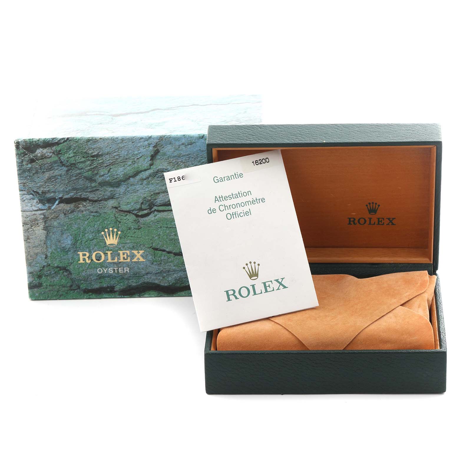 The image shows a Rolex Datejust 16200 Men's Stainless Steel Blue Dial 16200 Men's Stainless Steel Blue Dial box and warranty card, viewed from the front with the box open.