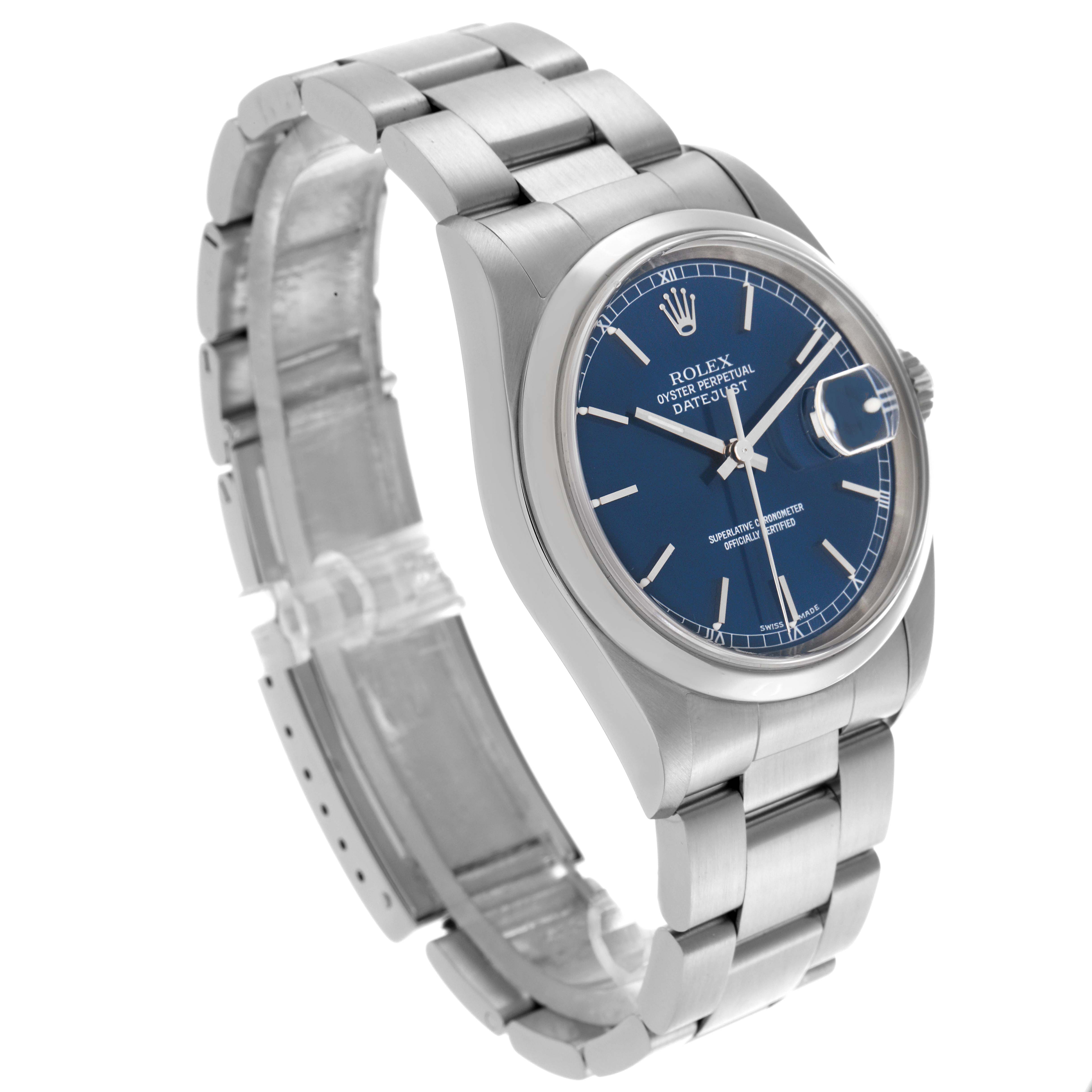 The Rolex Datejust 16200 Men's Stainless Steel Blue Dial 16200 Men's Stainless Steel Blue Dial watch is shown at a three-quarter angle, highlighting the blue dial, bracelet, and clasp.