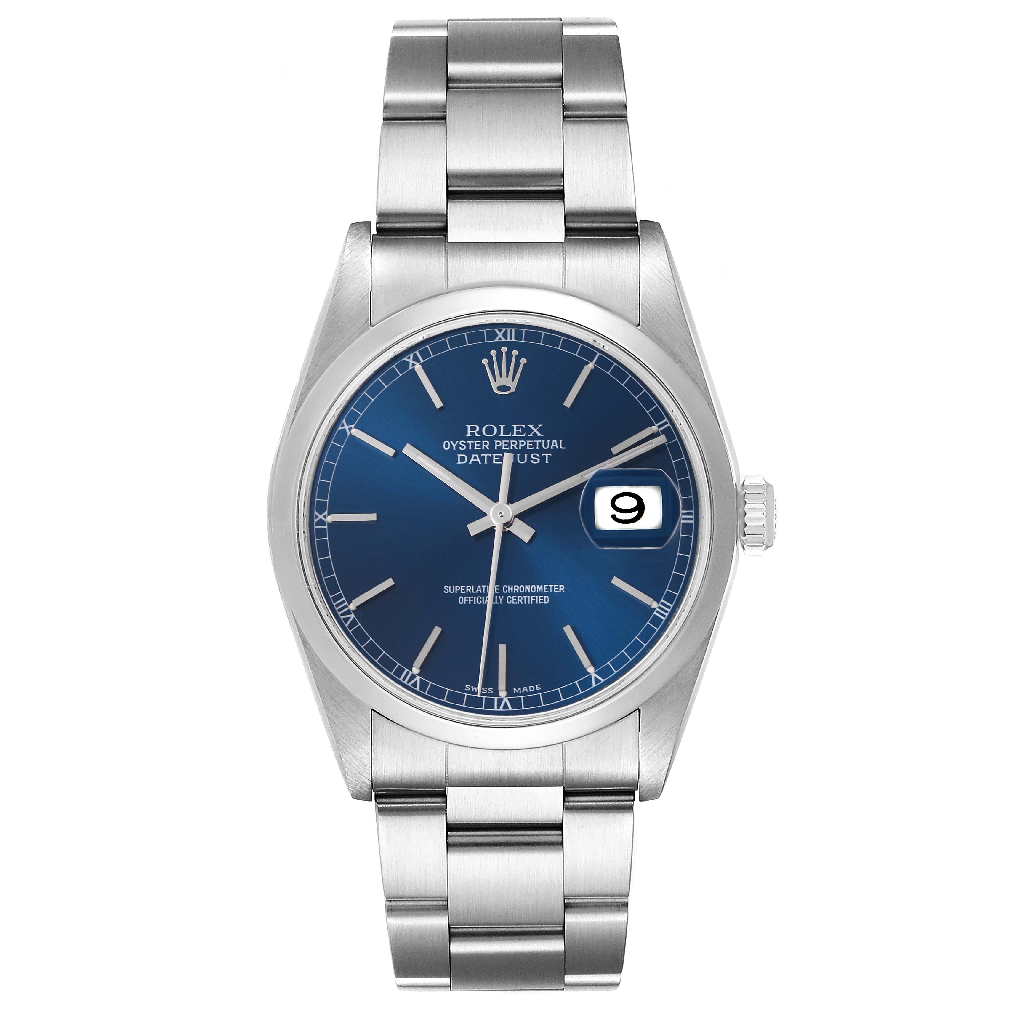 The Rolex Datejust 16200 Men's Stainless Steel Blue Dial 16200 Men's Stainless Steel Blue Dial watch is shown from a front angle, displaying its blue dial, date window, and stainless steel bracelet.
