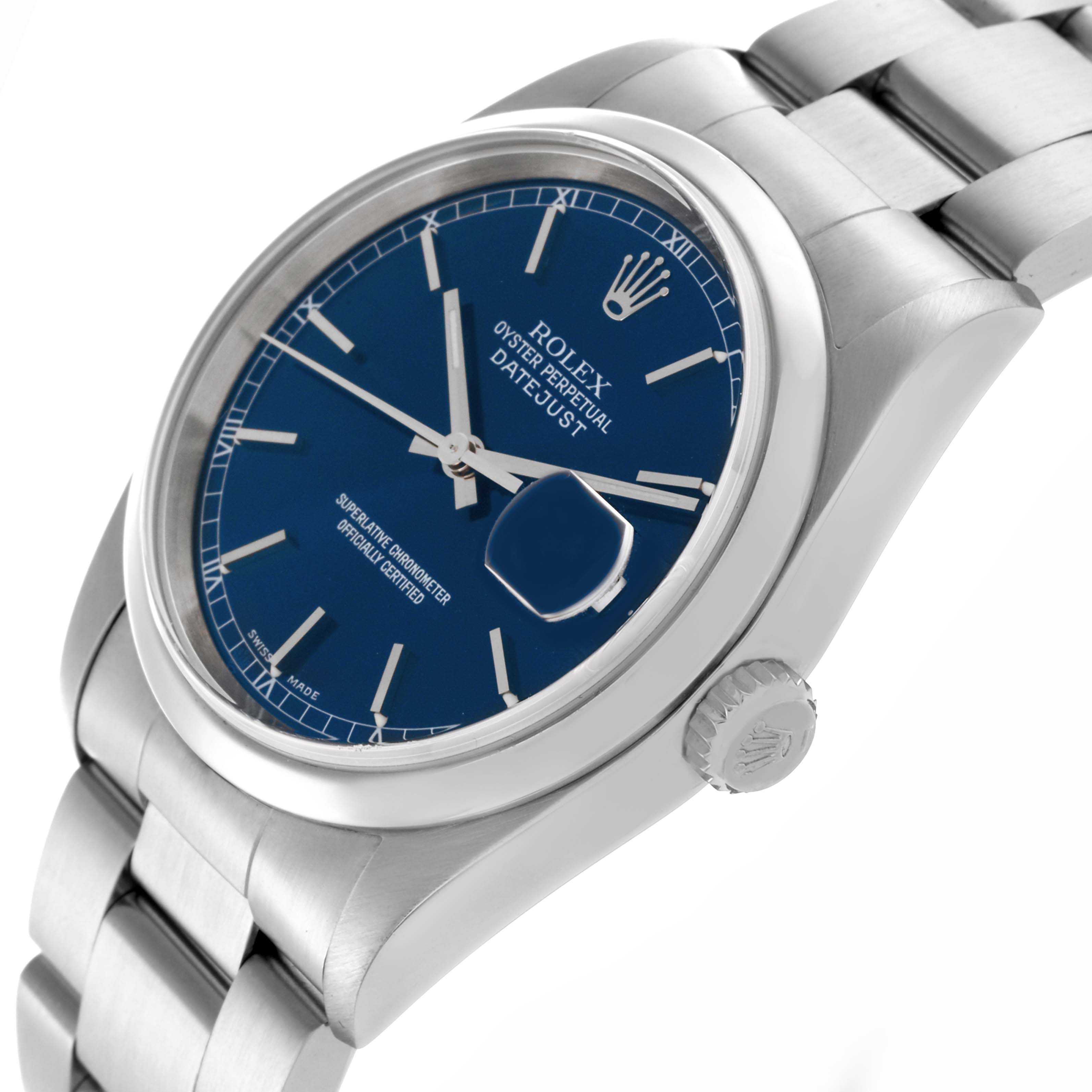 The Rolex Datejust 16200 Men's Stainless Steel Blue Dial 16200 Men's Stainless Steel Blue Dial watch is shown at a three-quarter angle, highlighting the face, bezel, crown, and part of the bracelet.