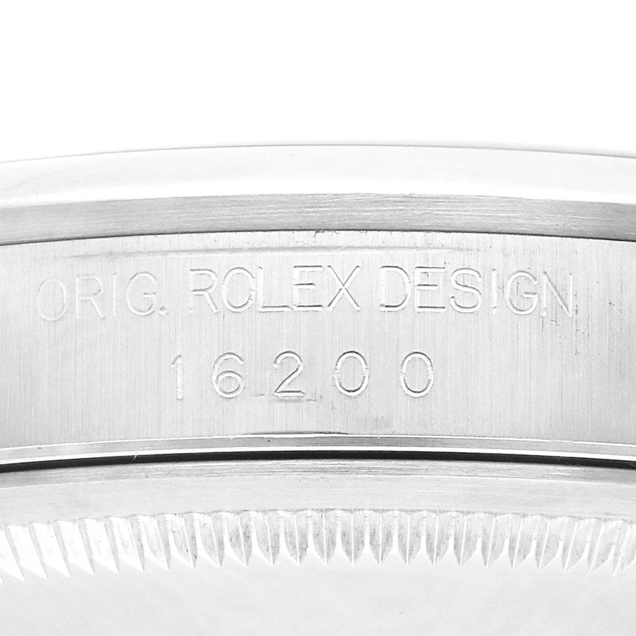 The image shows a close-up of the side of a Rolex Datejust 16200 Men's Stainless Steel Blue Dial 16200 Men's Stainless Steel Blue Dial watch, displaying the model number 16200.