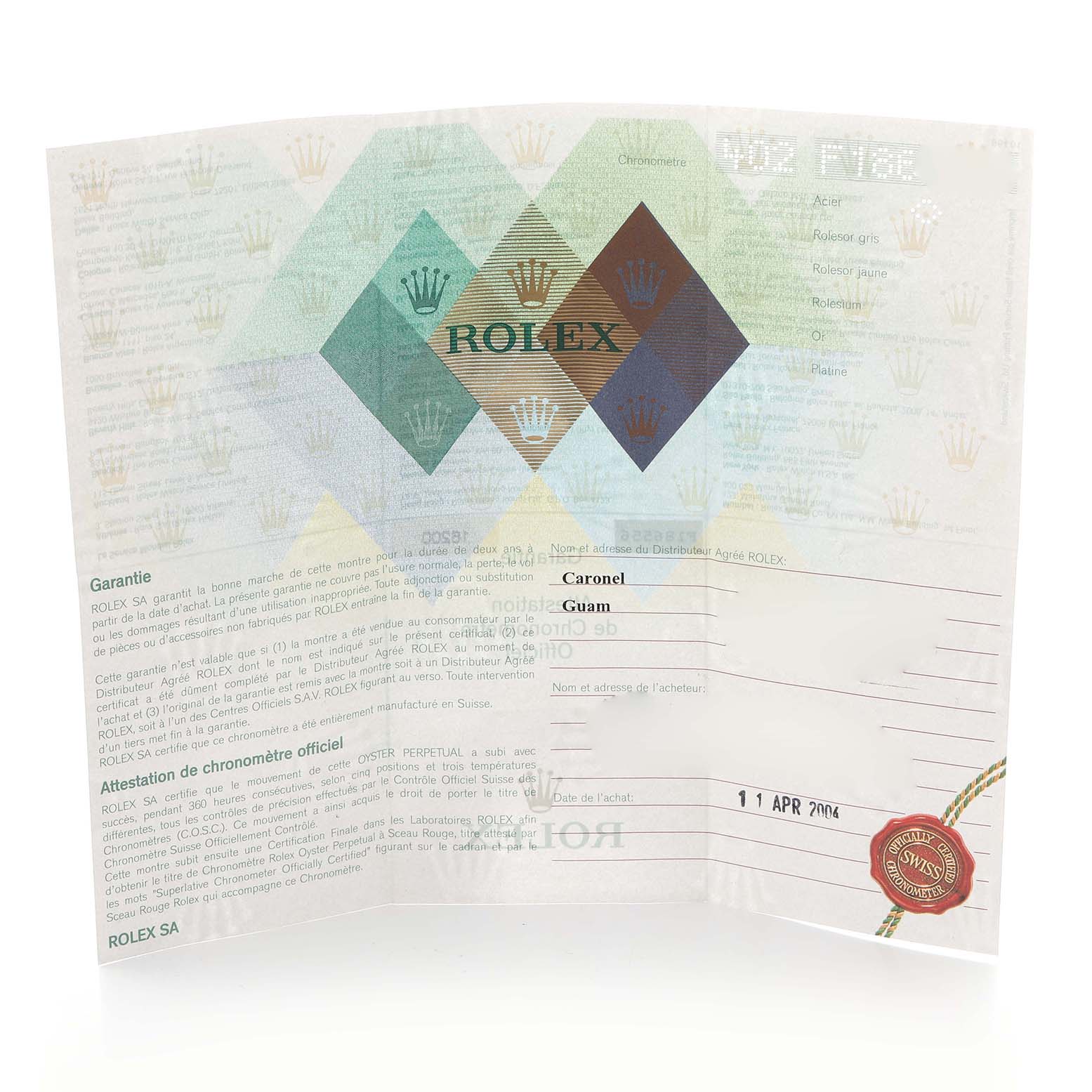 The image shows a close-up of a warranty card for a Rolex Datejust 16200 Men's Stainless Steel Blue Dial 16200 Men's Stainless Steel Blue Dial watch, with text and logos visible.