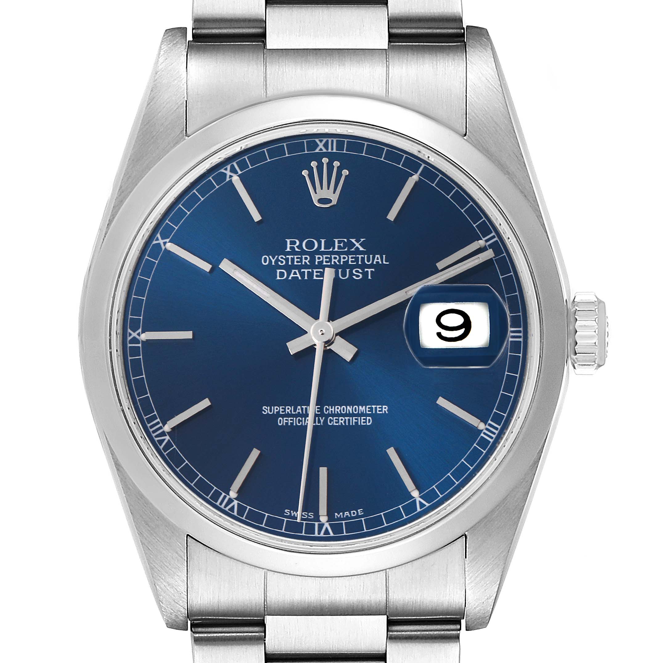 The Rolex Datejust 16200 Men's Stainless Steel Blue Dial 16200 Men's Stainless Steel Blue Dial watch is shown from a top-down angle, featuring its blue dial, indices, and date window.