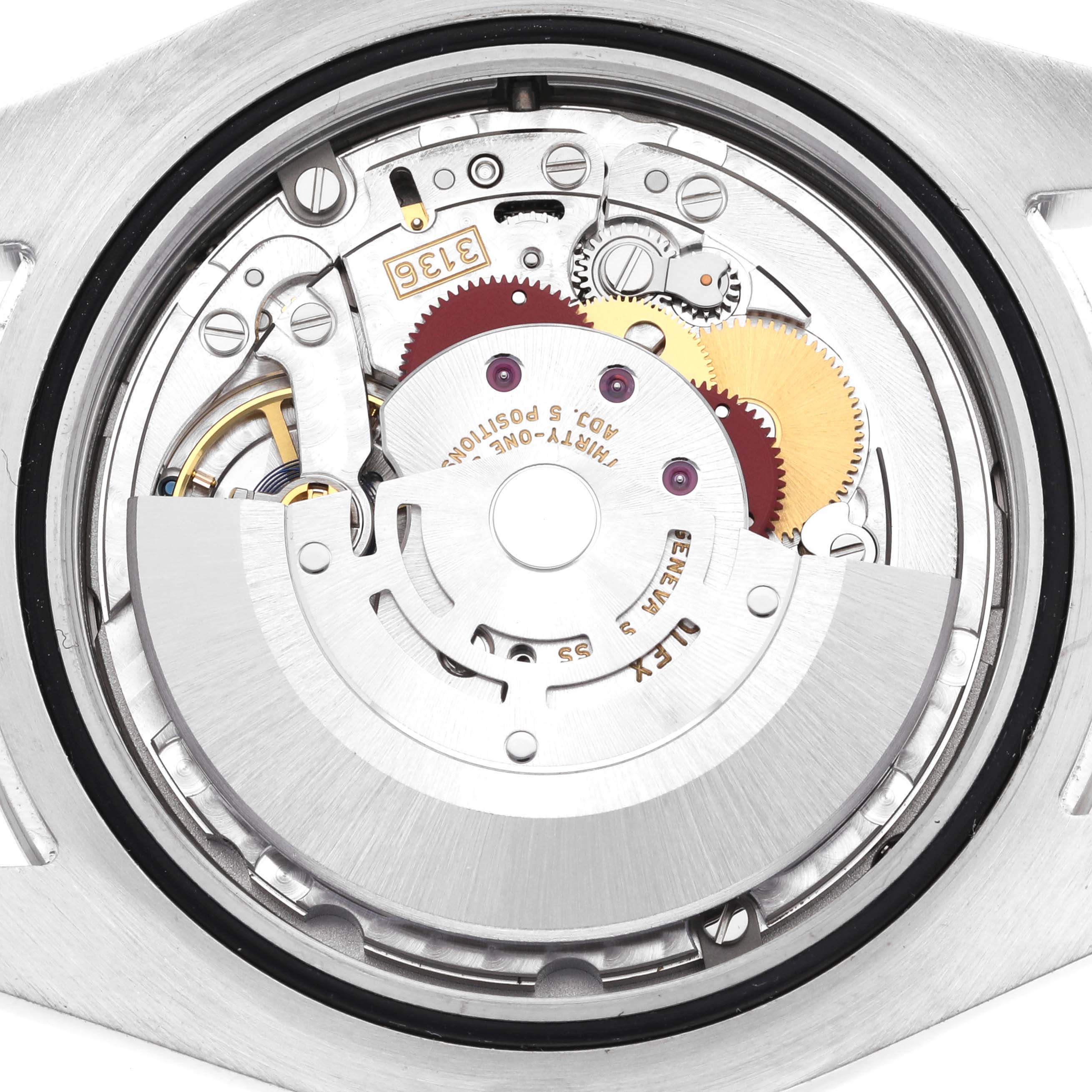 The image shows a close-up view of the movement mechanism inside a Rolex Datejust 41 116334G Men
s Stainless Steel Grey Dial 116334G Men
s Stainless Steel Grey Dial watch.