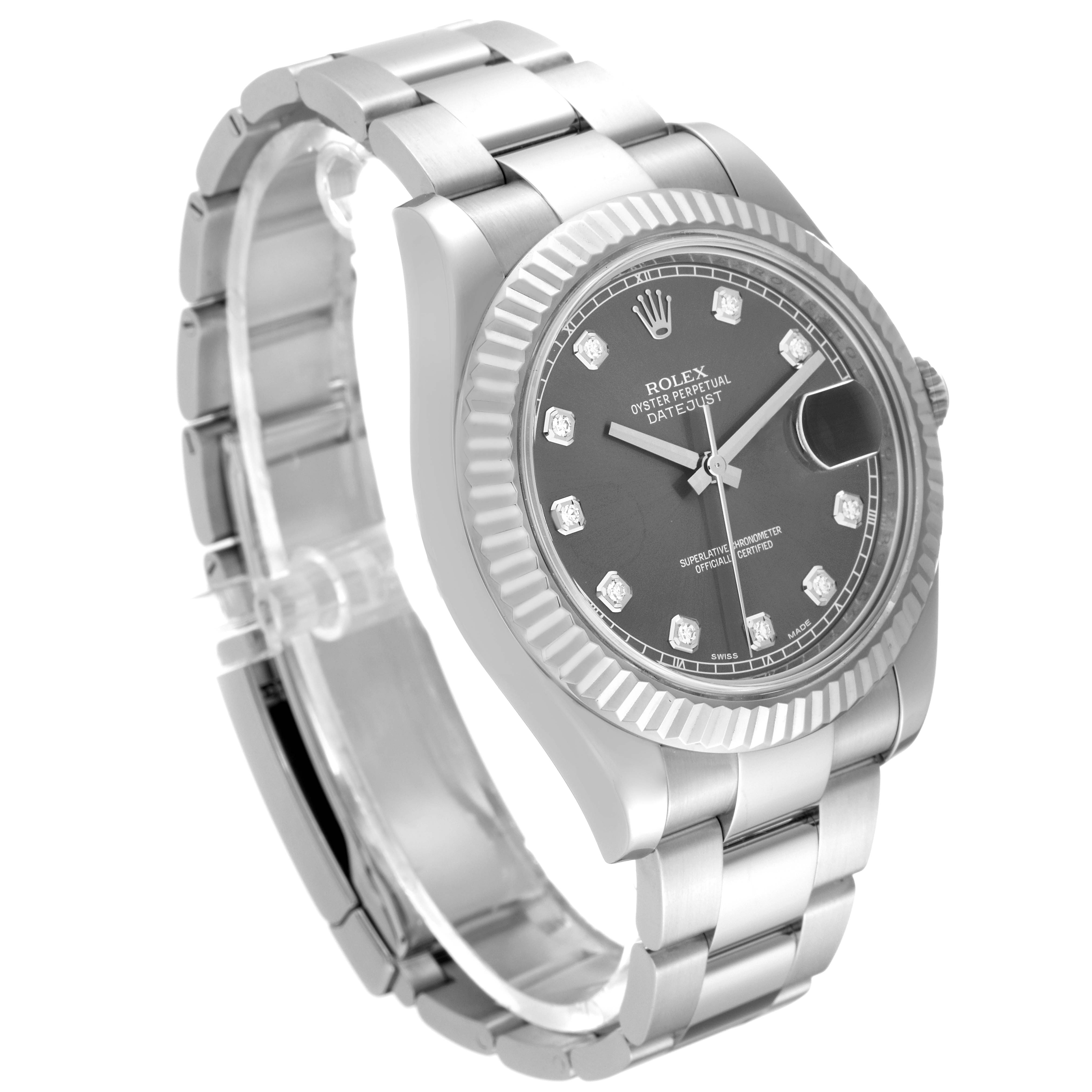 This image shows a diagonal side view of a Rolex Datejust 41 116334G Men
s Stainless Steel Grey Dial 116334G Men
s Stainless Steel Grey Dial watch, displaying the face, bezel, and bracelet.