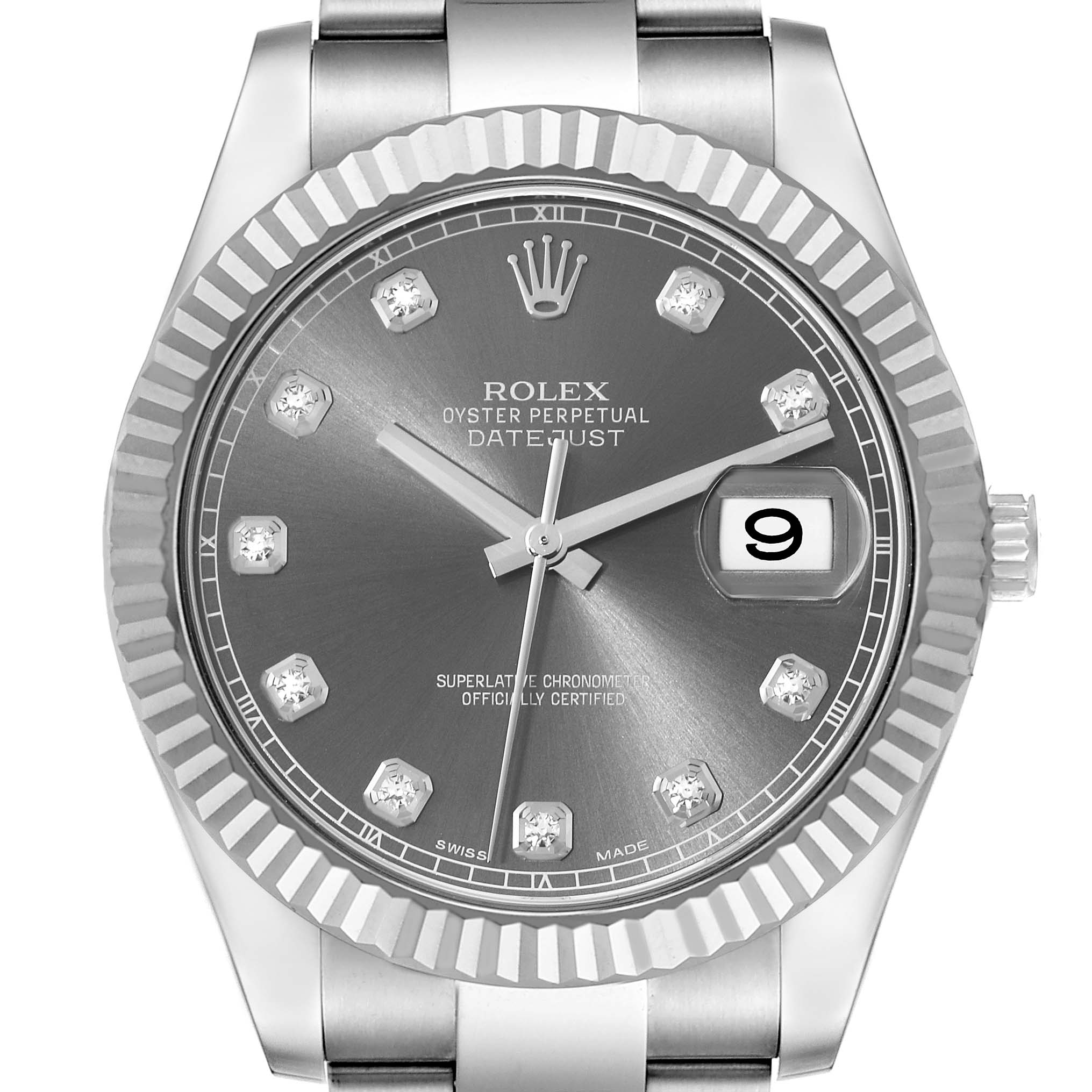 This image shows a front view of the Rolex Datejust 41 116334G Men
s Stainless Steel Grey Dial 116334G Men
s Stainless Steel Grey Dial model, highlighting the dial, hands, date window, and part of the bracelet.