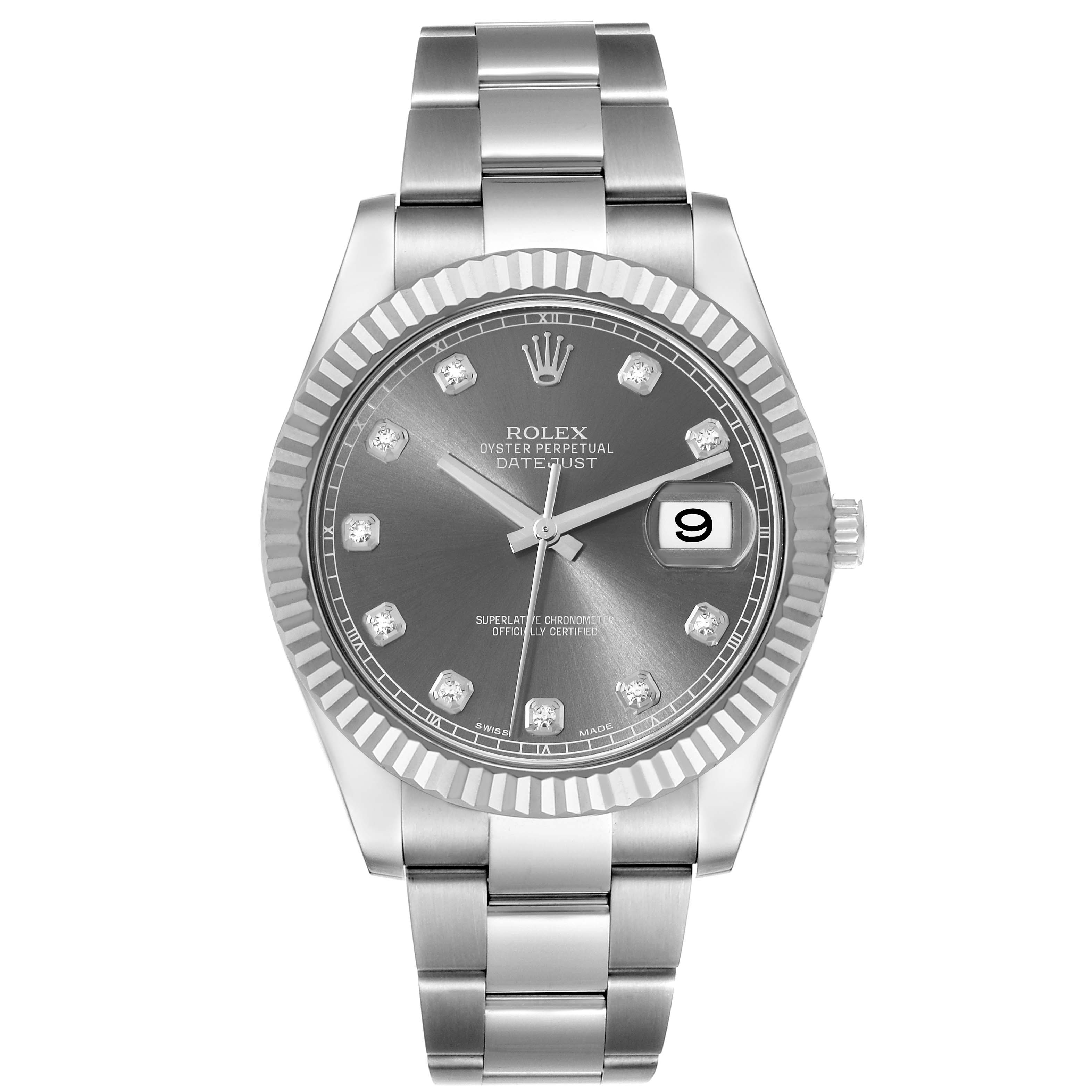 The image shows a frontal view of the Rolex Datejust 41 116334G Men
s Stainless Steel Grey Dial 116334G Men
s Stainless Steel Grey Dial watch, displaying its face, bezel, and bracelet.