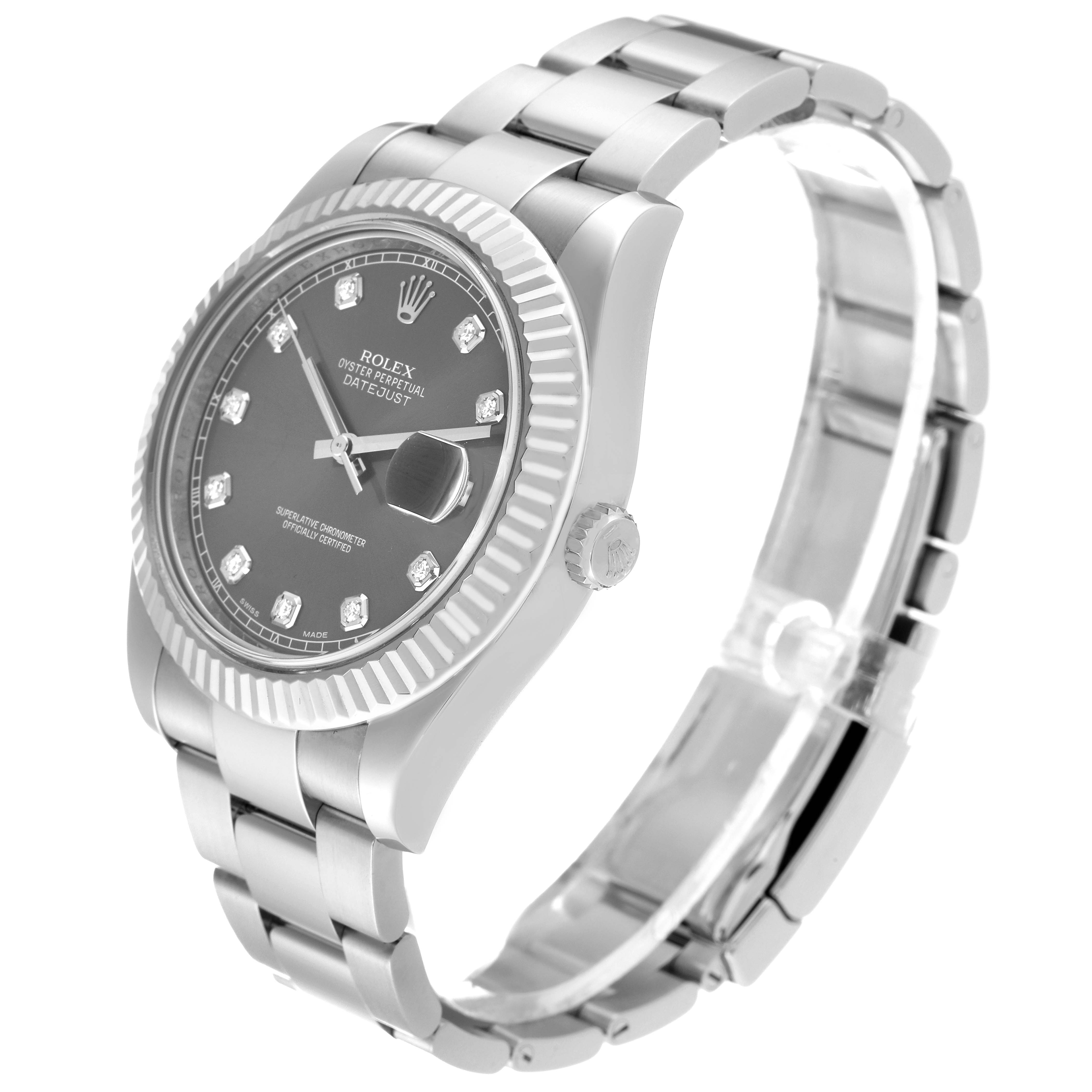 The image shows a Rolex Datejust 41 116334G Men
s Stainless Steel Grey Dial 116334G Men
s Stainless Steel Grey Dial watch from an angled side view, highlighting the dial, bezel, crown, and bracelet.