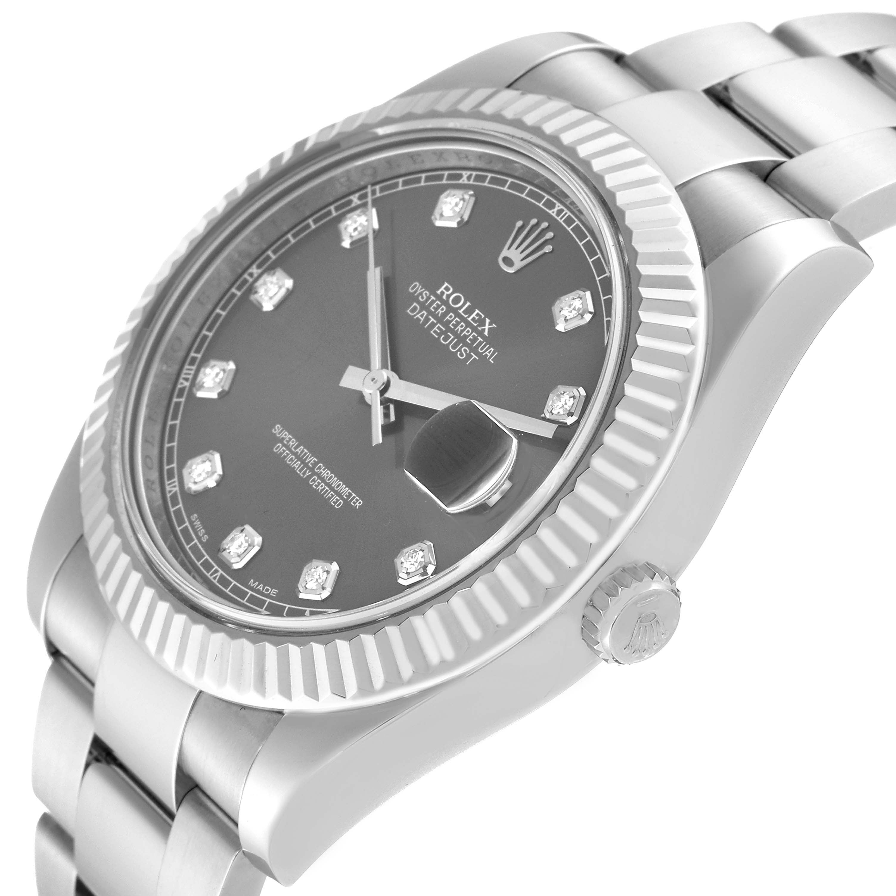 The image shows a close-up, angled view of the Rolex Datejust 41 116334G Men
s Stainless Steel Grey Dial 116334G Men
s Stainless Steel Grey Dial model, highlighting its face, bezel, and part of the bracelet.