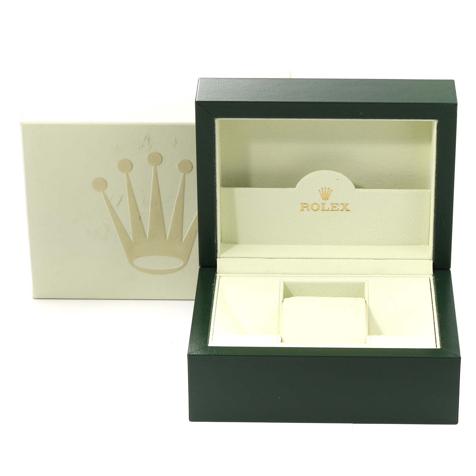 This image shows the open box and outer packaging for a Rolex Datejust 41 116334G Men
s Stainless Steel Grey Dial 116334G Men
s Stainless Steel Grey Dial watch.