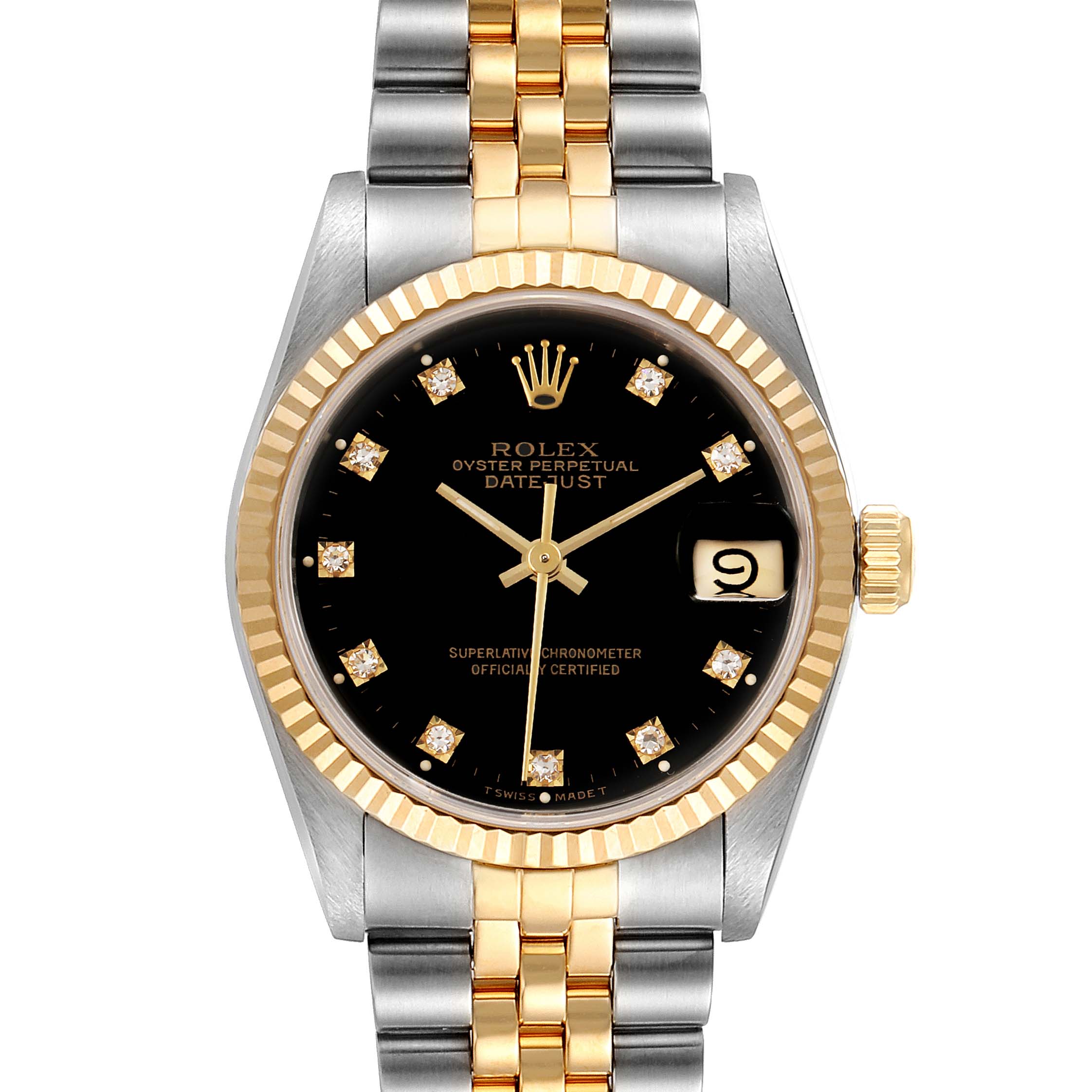 This image shows a front view of a Rolex Mid-Size 68273 Women
s Steel and Gold (two tone) Black Dial 68273 Women
s Steel and Gold (two tone) Black Dial Datejust watch, displaying the face and two-tone bracelet.