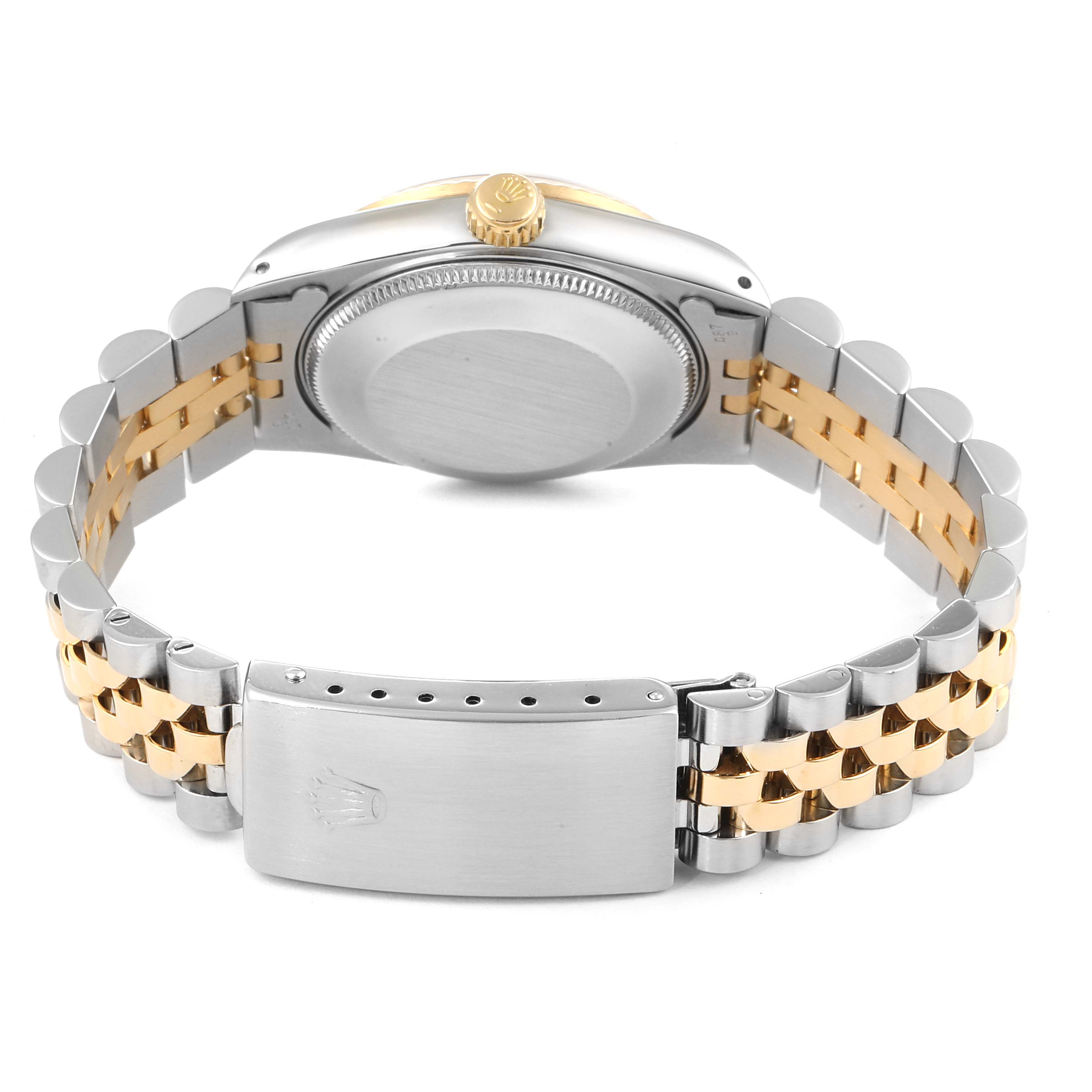 This image shows the back case and clasp of a Mid-Size Rolex watch, with a stainless steel and gold bracelet.