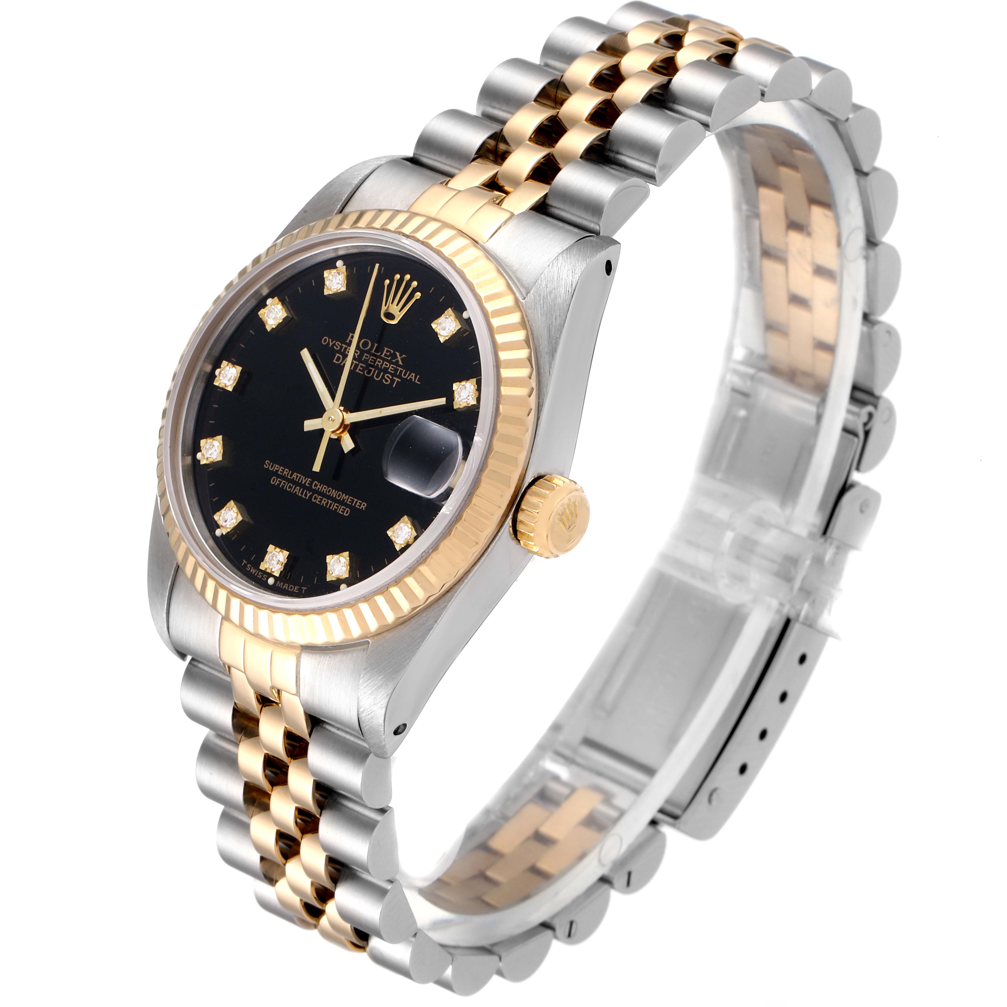 The Rolex Mid-Size 68273 Women
s Steel and Gold (two tone) Black Dial 68273 Women
s Steel and Gold (two tone) Black Dial watch is shown at a slight angle, highlighting its black dial, gold bezel, crown, and two-tone bracelet.