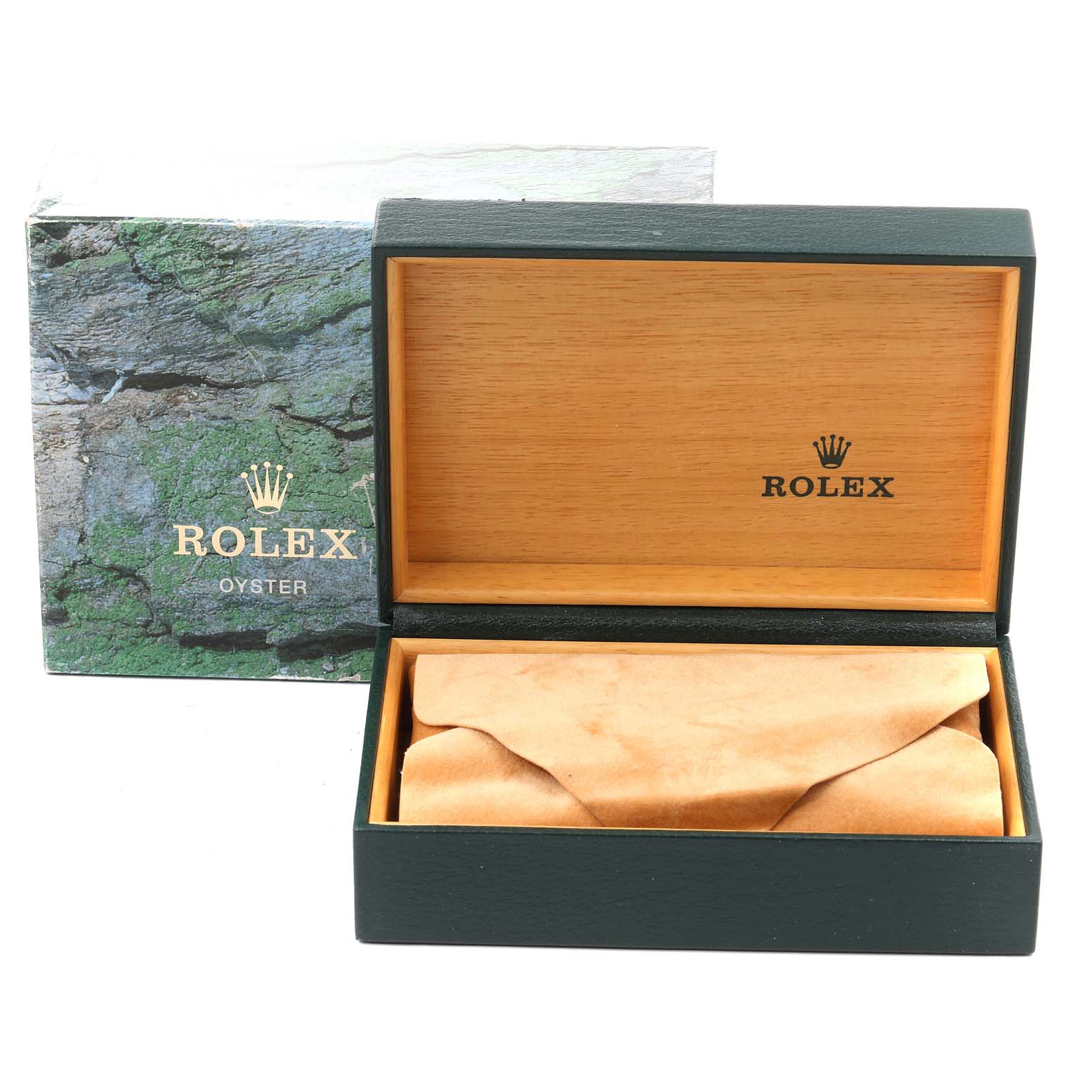 The image shows an open wooden Rolex box with the Rolex logo, packaging for the Mid-Size model watch.
