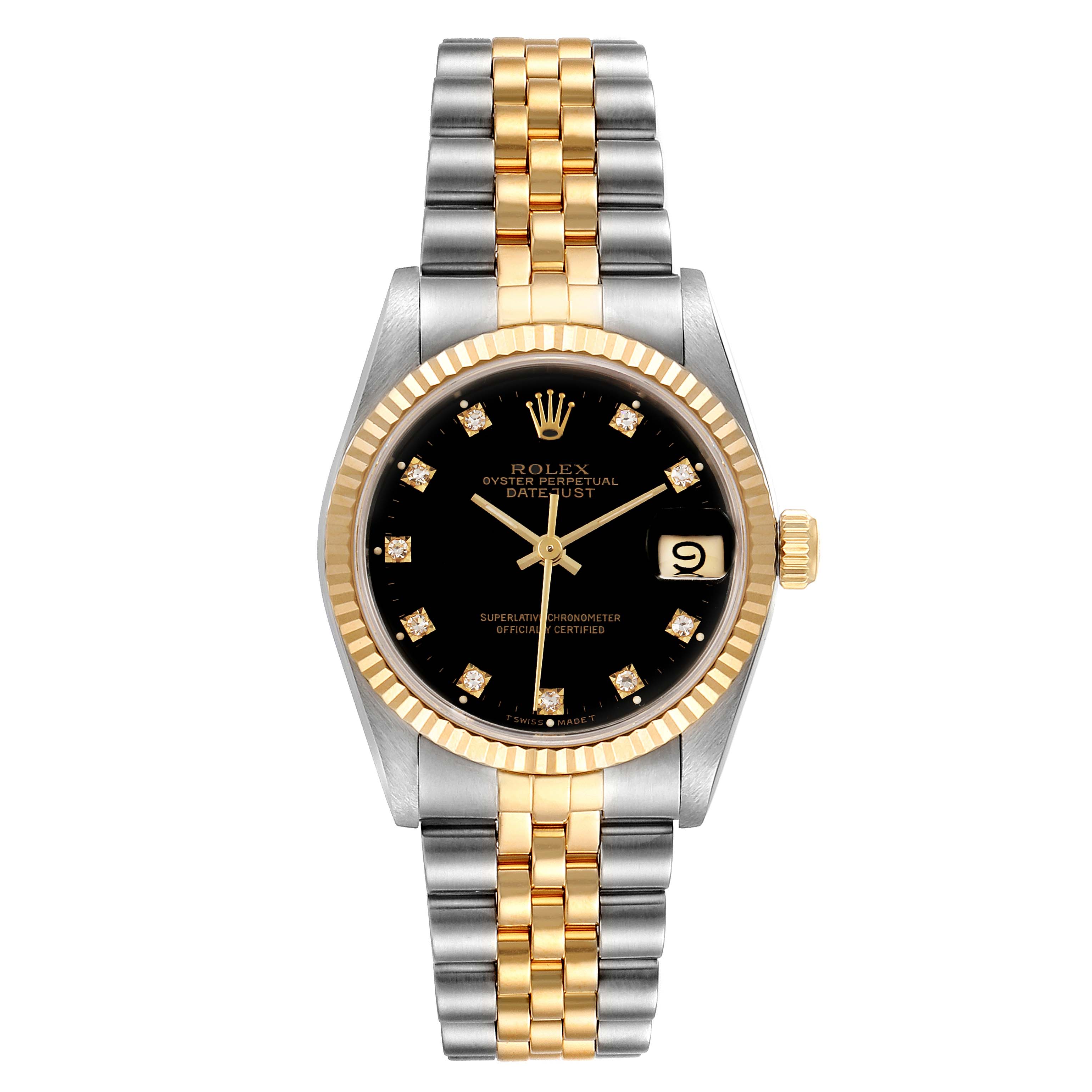 This image shows a frontal view of a Rolex Mid-Size 68273 Women
s Steel and Gold (two tone) Black Dial 68273 Women
s Steel and Gold (two tone) Black Dial Oyster Perpetual Datejust watch with a two-tone bracelet and a black dial.