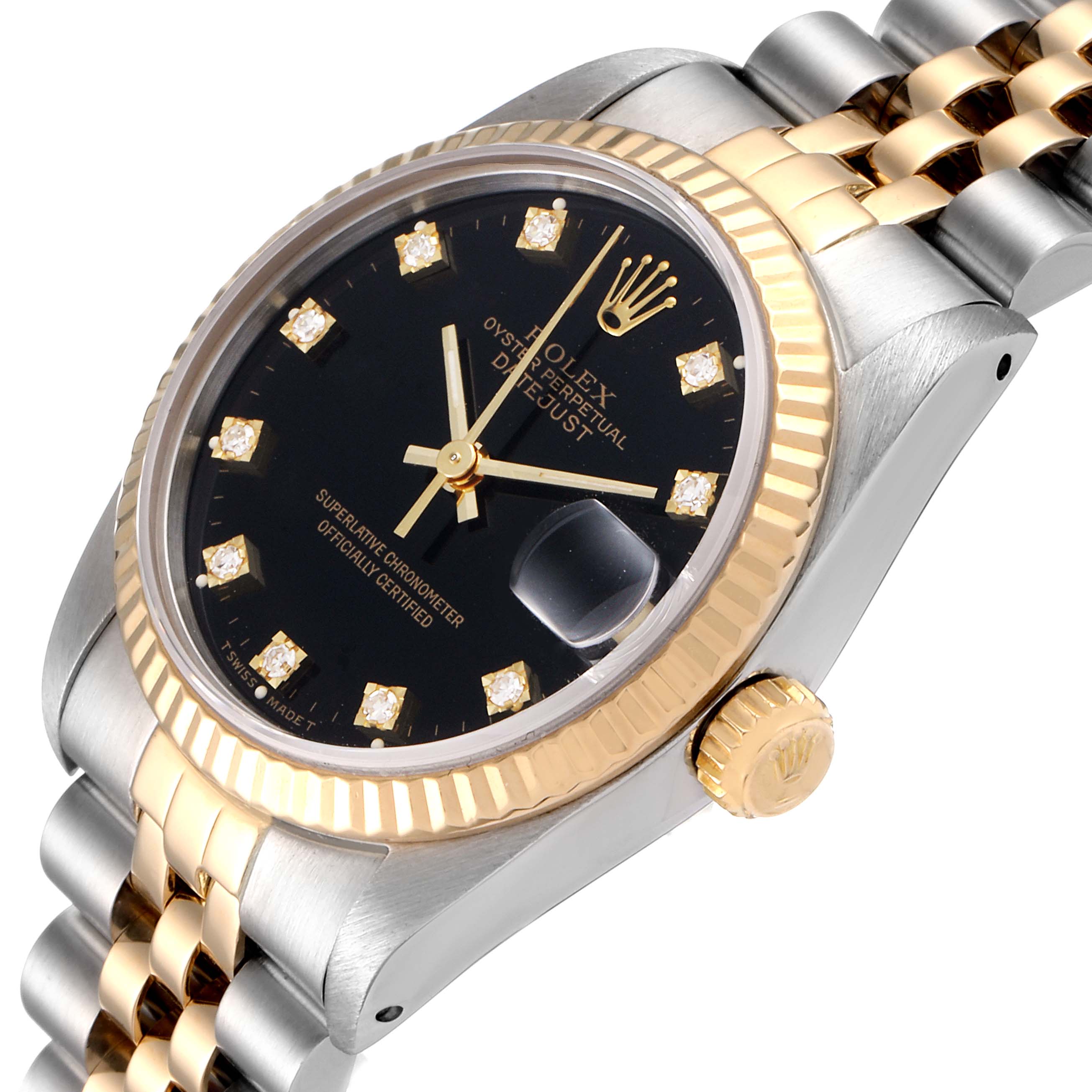 The image shows a Rolex Mid-Size 68273 Women
s Steel and Gold (two tone) Black Dial 68273 Women
s Steel and Gold (two tone) Black Dial watch from an angled top view, highlighting the black dial, gold markers, bezel, crown, and two-tone bracelet.