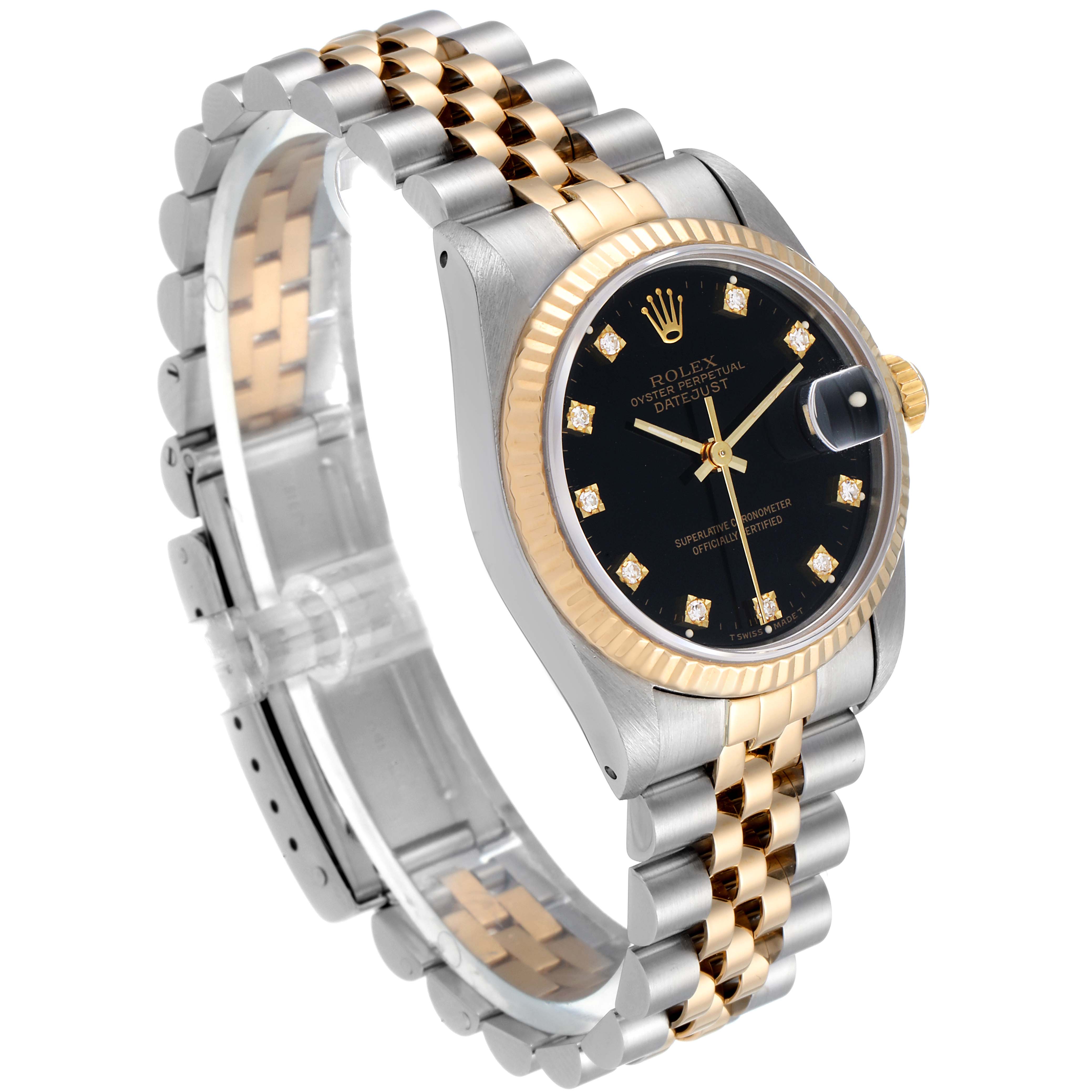 The image shows a Rolex Mid-Size 68273 Women
s Steel and Gold (two tone) Black Dial 68273 Women
s Steel and Gold (two tone) Black Dial Datejust watch at a three-quarter angle, including the face, bezel, and bicolor bracelet.