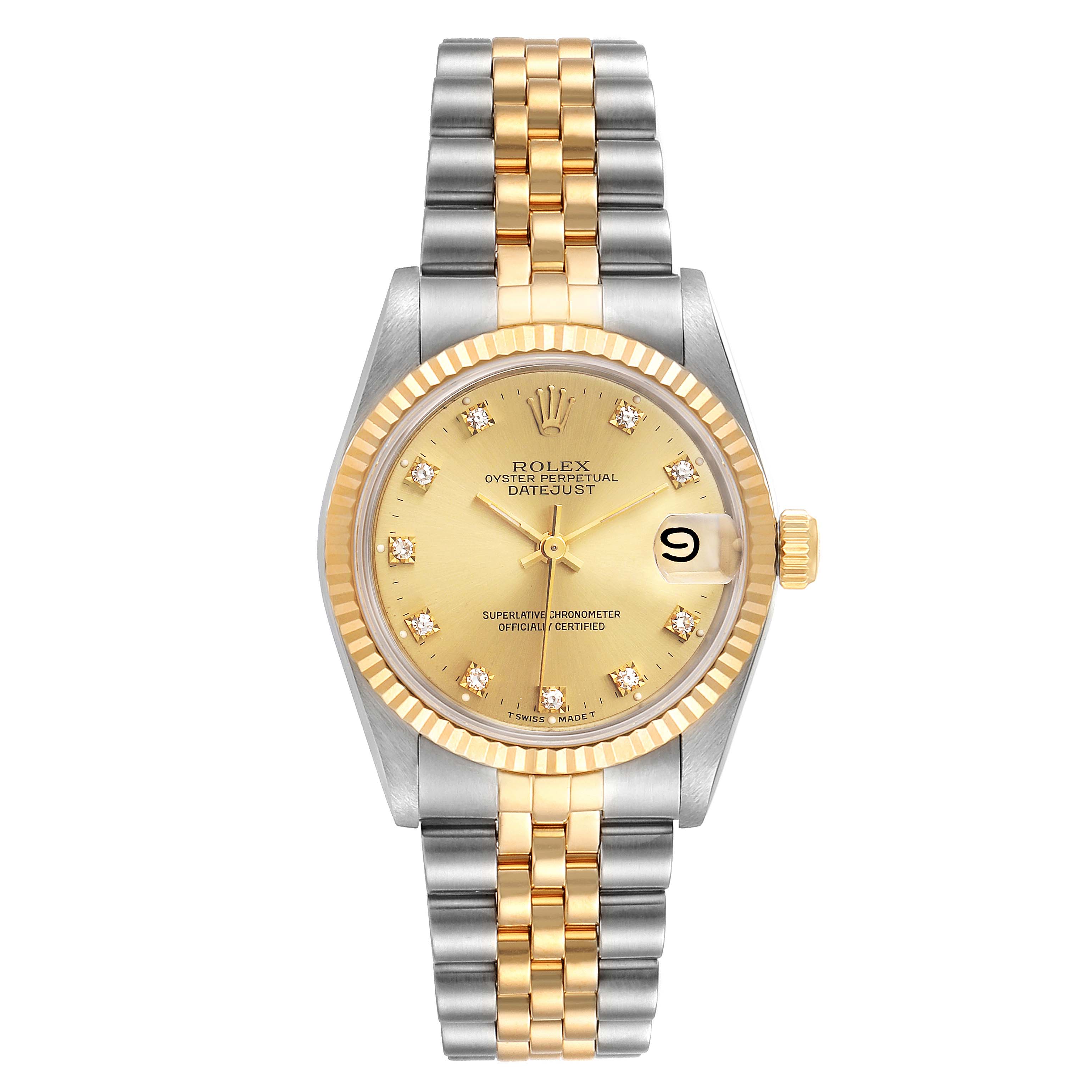 The image shows a front view of a Rolex Mid-Size 68273 Women's Steel and Gold (two tone) Champagne Dial 68273 Women's Steel and Gold (two tone) Champagne Dial Oyster Perpetual Datejust watch with a bi-metal bracelet and gold dial.