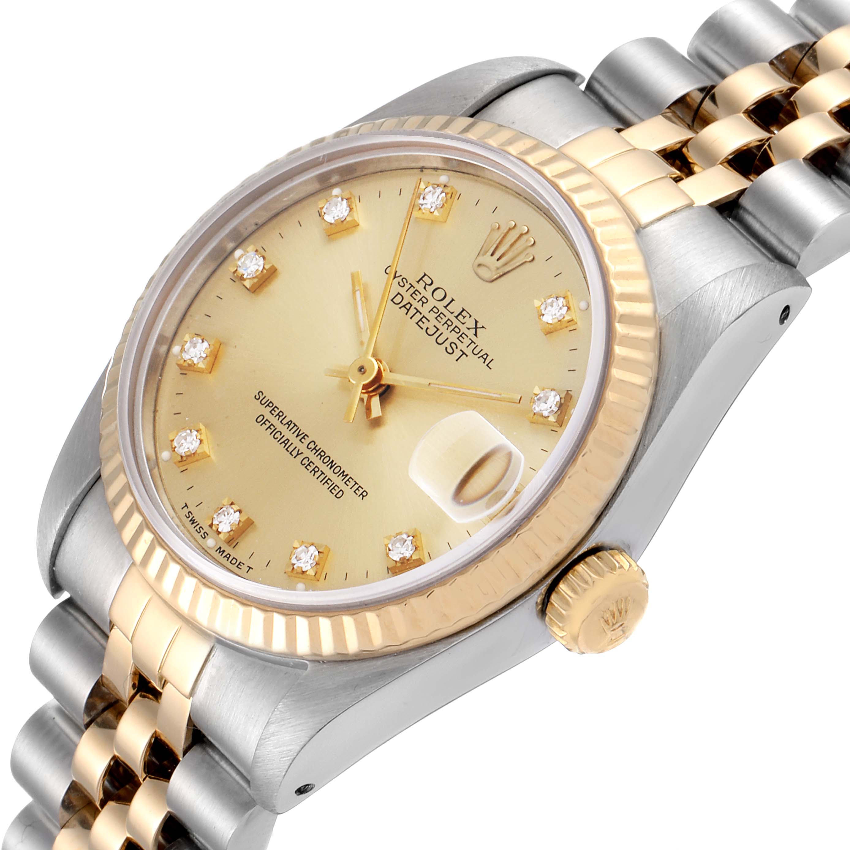 This image shows a Mid-Size Rolex Datejust watch from an angled view, displaying the dial, bezel, crown, and part of the bracelet.