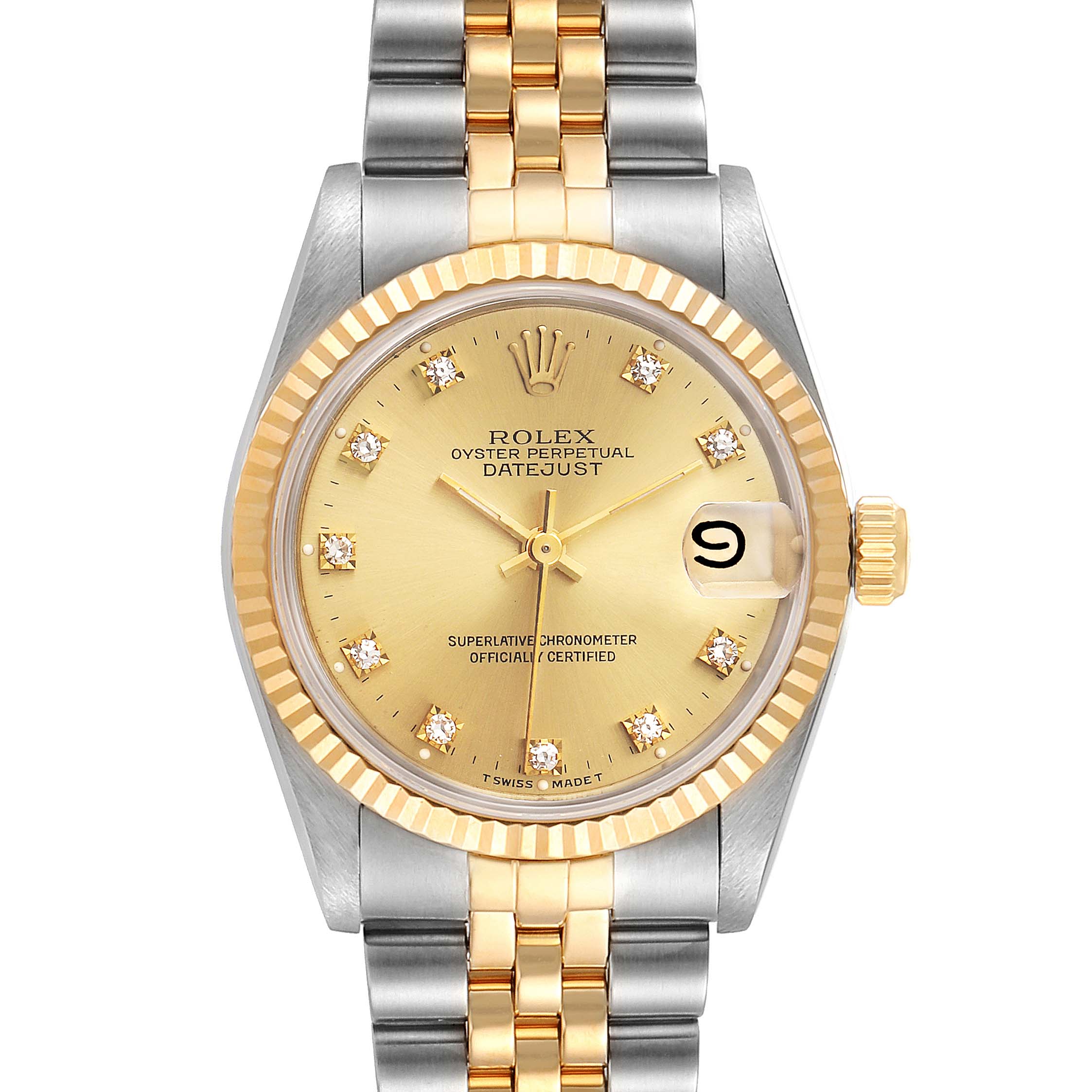 The image shows a frontal view of a Rolex Datejust Mid-Size model watch, showcasing its dial, bezel, and mixed metal bracelet.