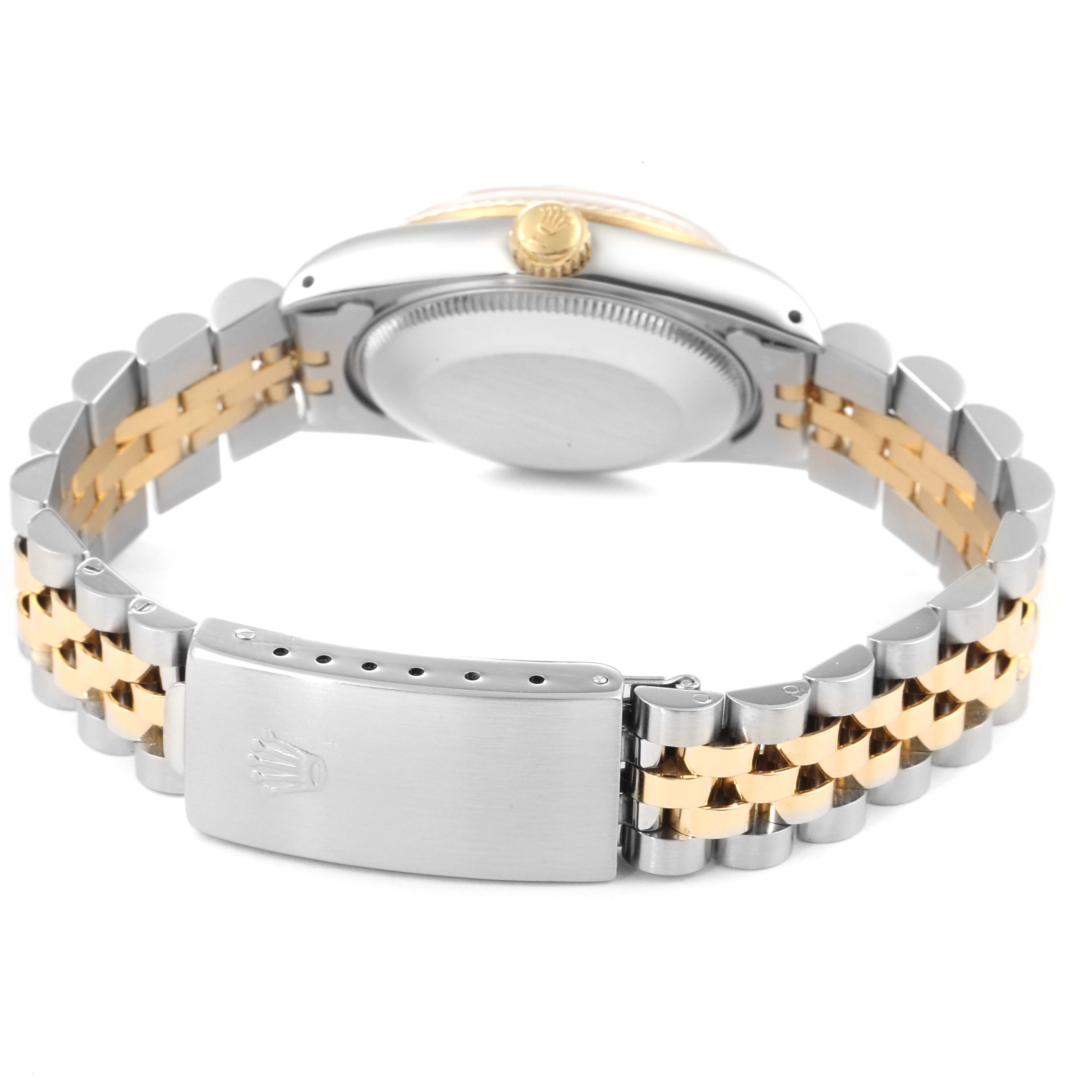 This image shows the underside of the Rolex Mid-Size 68273 Women's Steel and Gold (two tone) Champagne Dial 68273 Women's Steel and Gold (two tone) Champagne Dial watch, highlighting the clasp, bracelet, and case back.