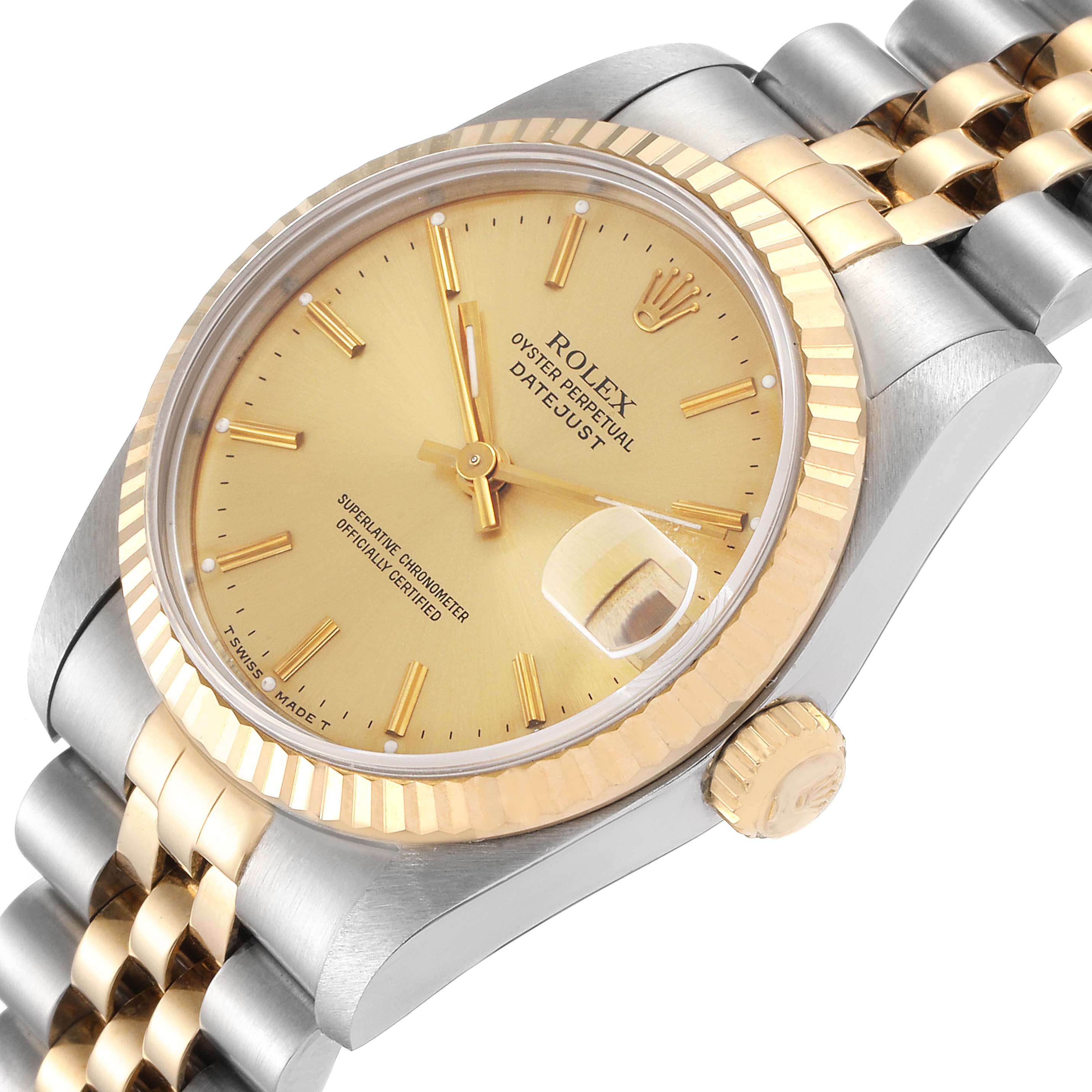 The image shows a Rolex Oyster Perpetual Datejust Mid-Size watch at a tilted angle, highlighting the face, bezel, and band.