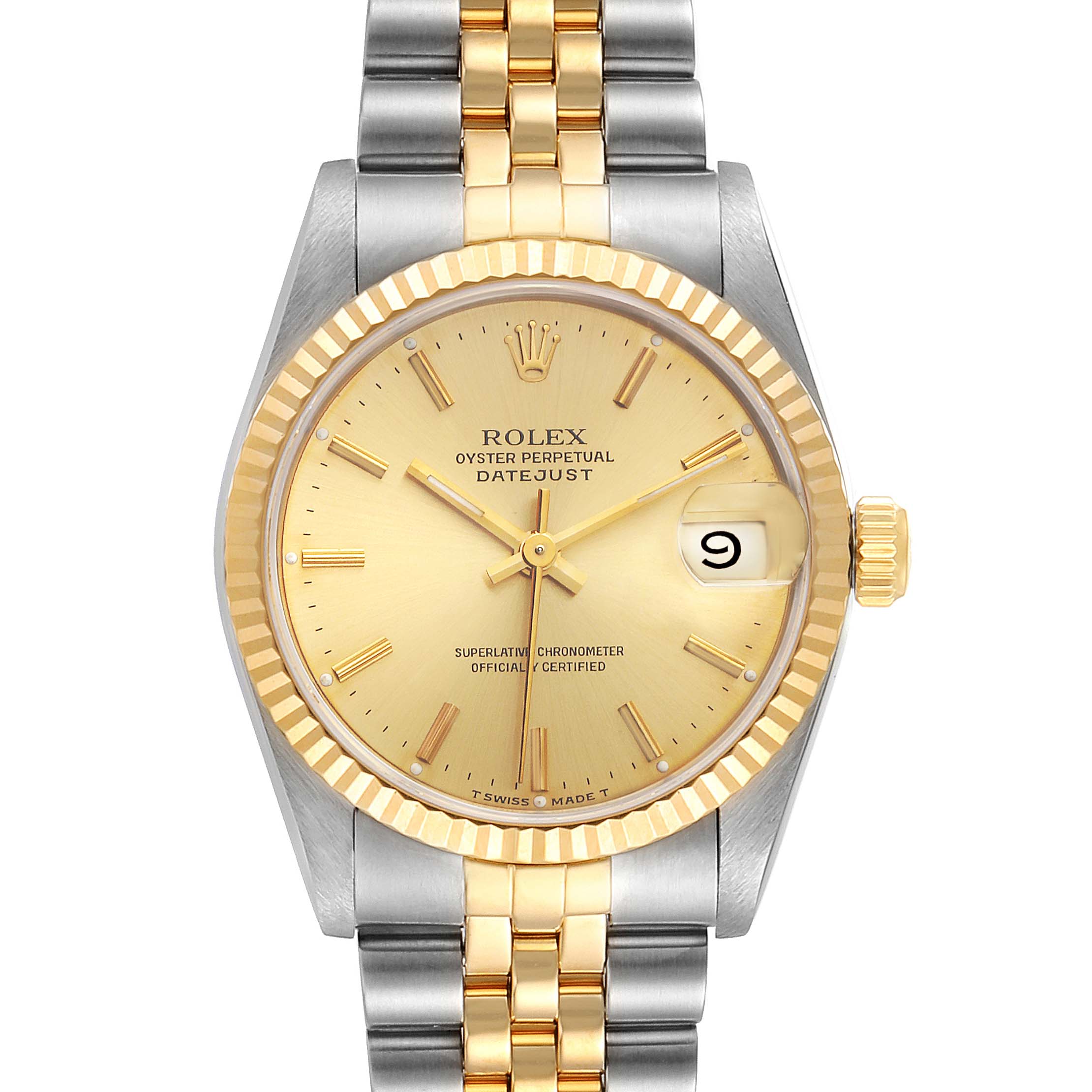 This image shows a front view of a Rolex Mid-Size 68273 Women's Steel and Gold (two tone) Champagne Dial 68273 Women's Steel and Gold (two tone) Champagne Dial Datejust, featuring the bezel, dial, hands, crown, and bracelet.