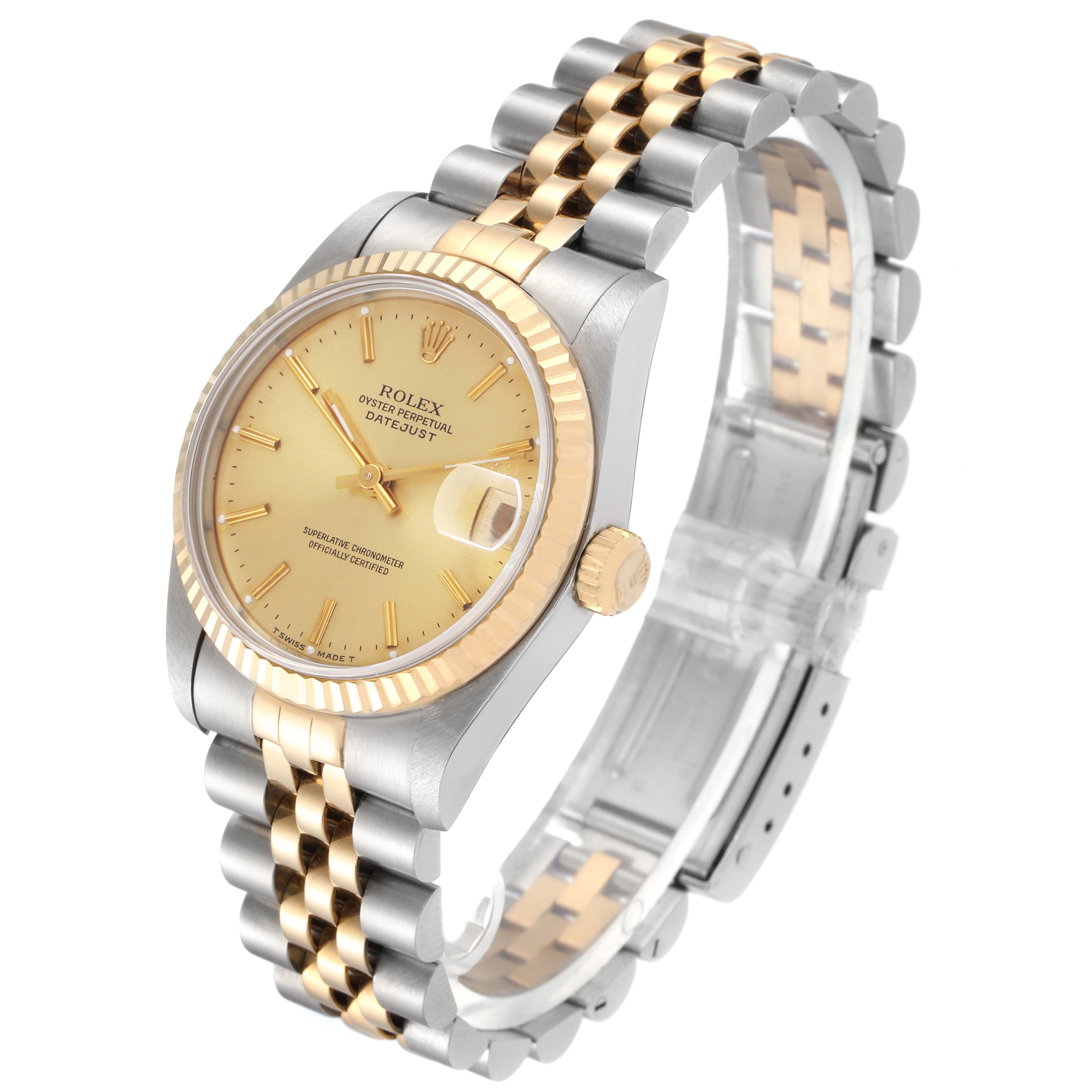 The image shows a Rolex Mid-Size 68273 Women's Steel and Gold (two tone) Champagne Dial 68273 Women's Steel and Gold (two tone) Champagne Dial Datejust watch at a slight angle, highlighting its dial, bezel, crown, and bracelet.