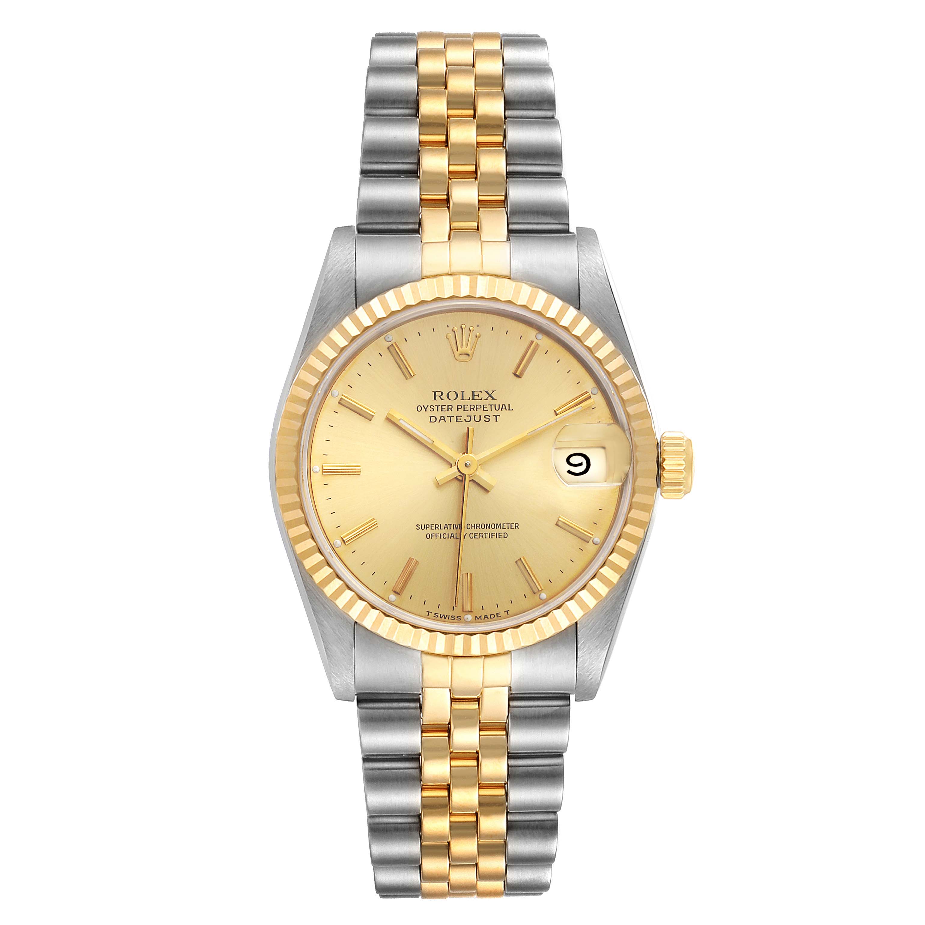 The image shows a front view of the Mid-Size Rolex Oyster Perpetual Datejust, highlighting its bezel, dial, and bracelet.