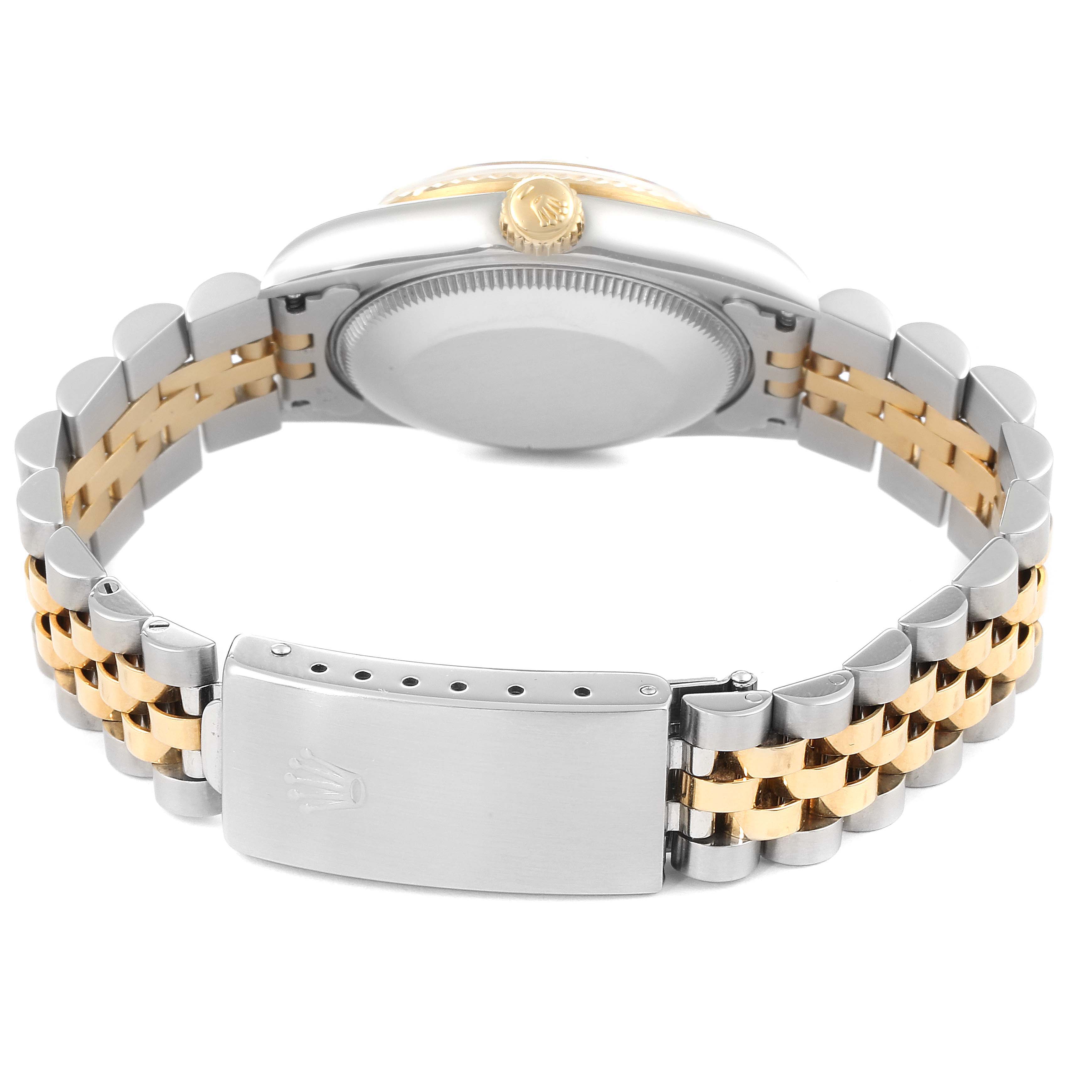 The image shows the back view and bracelet of a Rolex Mid-Size 68273 Women's Steel and Gold (two tone) Champagne Dial 68273 Women's Steel and Gold (two tone) Champagne Dial model watch.