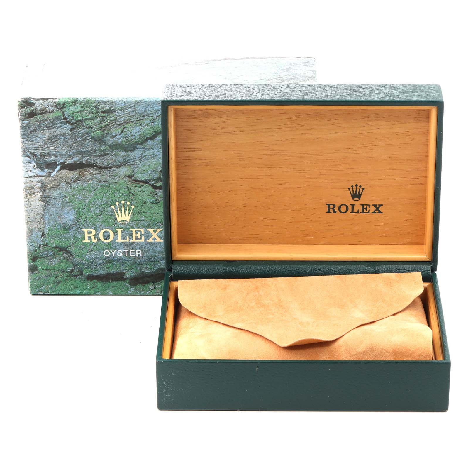 This image shows an open Rolex watch box with a beige cloth, designed for a Mid-Size model.