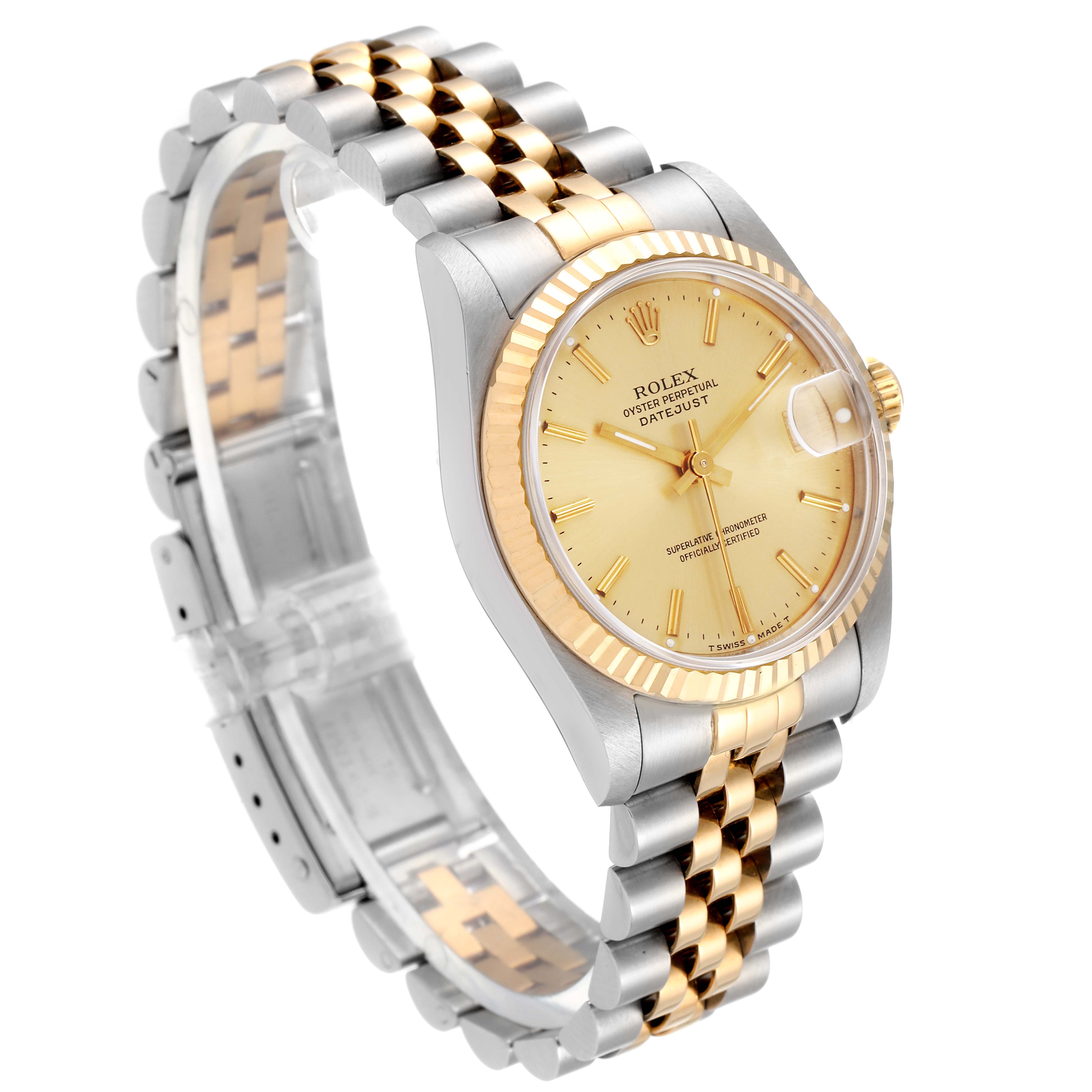 The image shows a side angle of a Mid-Size Rolex Oyster Perpetual Datejust watch, displaying its dial, bezel, and two-tone bracelet.