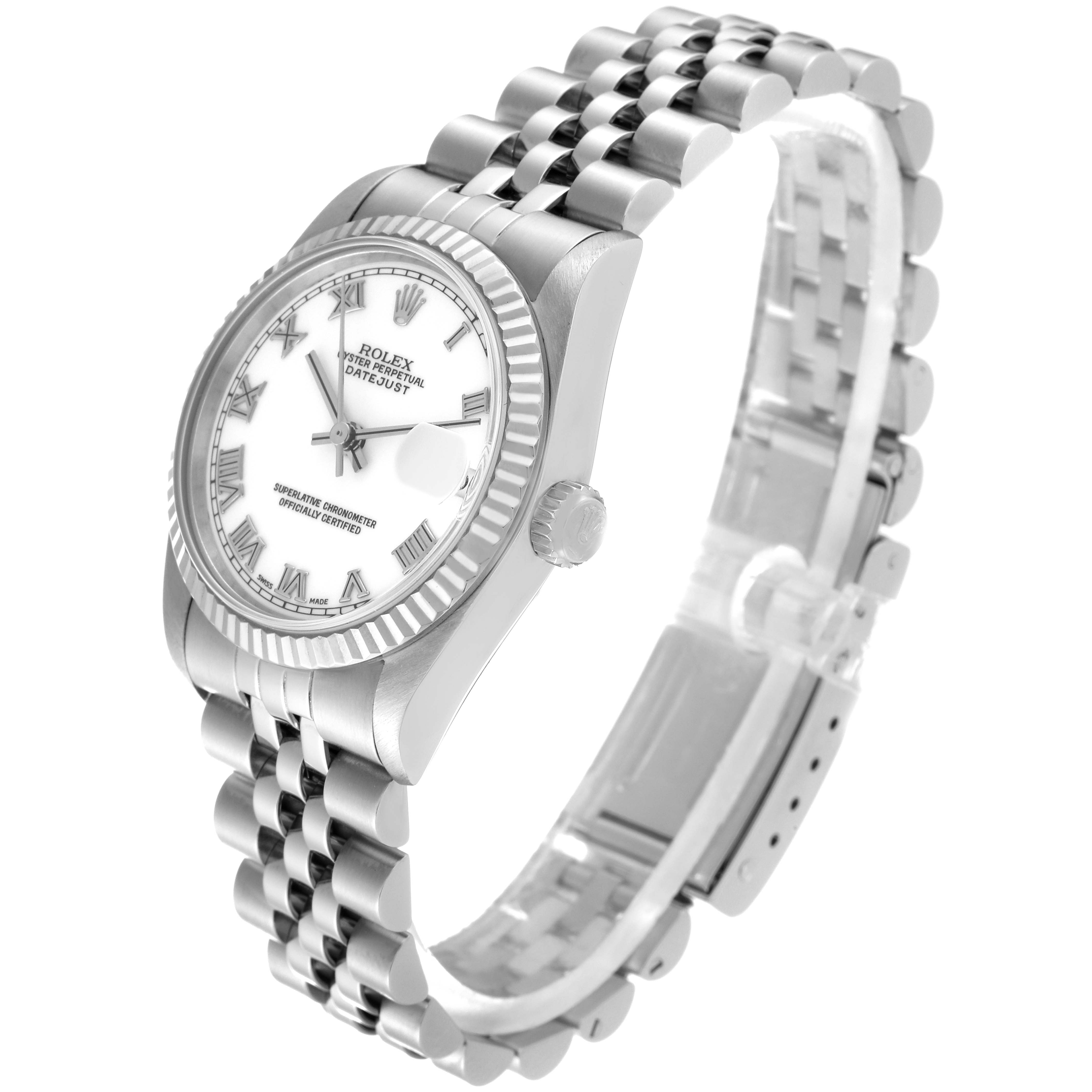 The Rolex Mid-Size 68274 Women
s Stainless Steel White Dial 68274 Women
s Stainless Steel White Dial watch is shown at a slight side angle, displaying its face, crown, and bracelet prominently.
