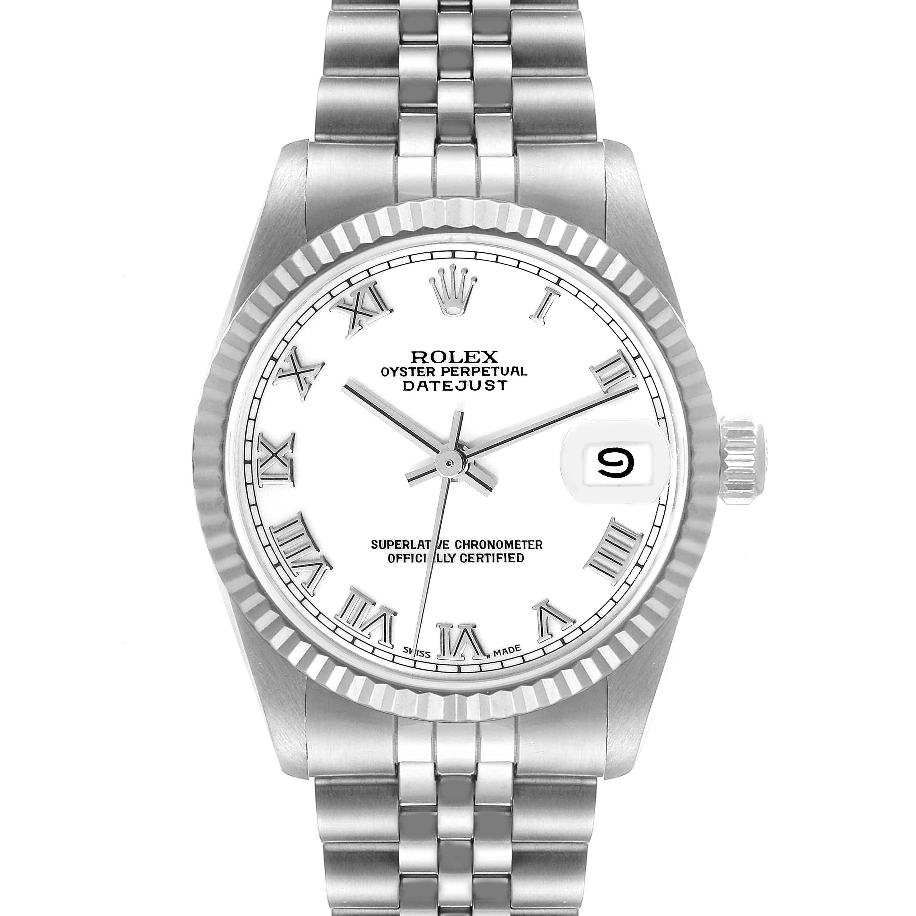 The image shows a front view of the Rolex Mid-Size 68274 Women
s Stainless Steel White Dial 68274 Women
s Stainless Steel White Dial Oyster Perpetual Datejust watch, highlighting the dial, case, and bracelet.