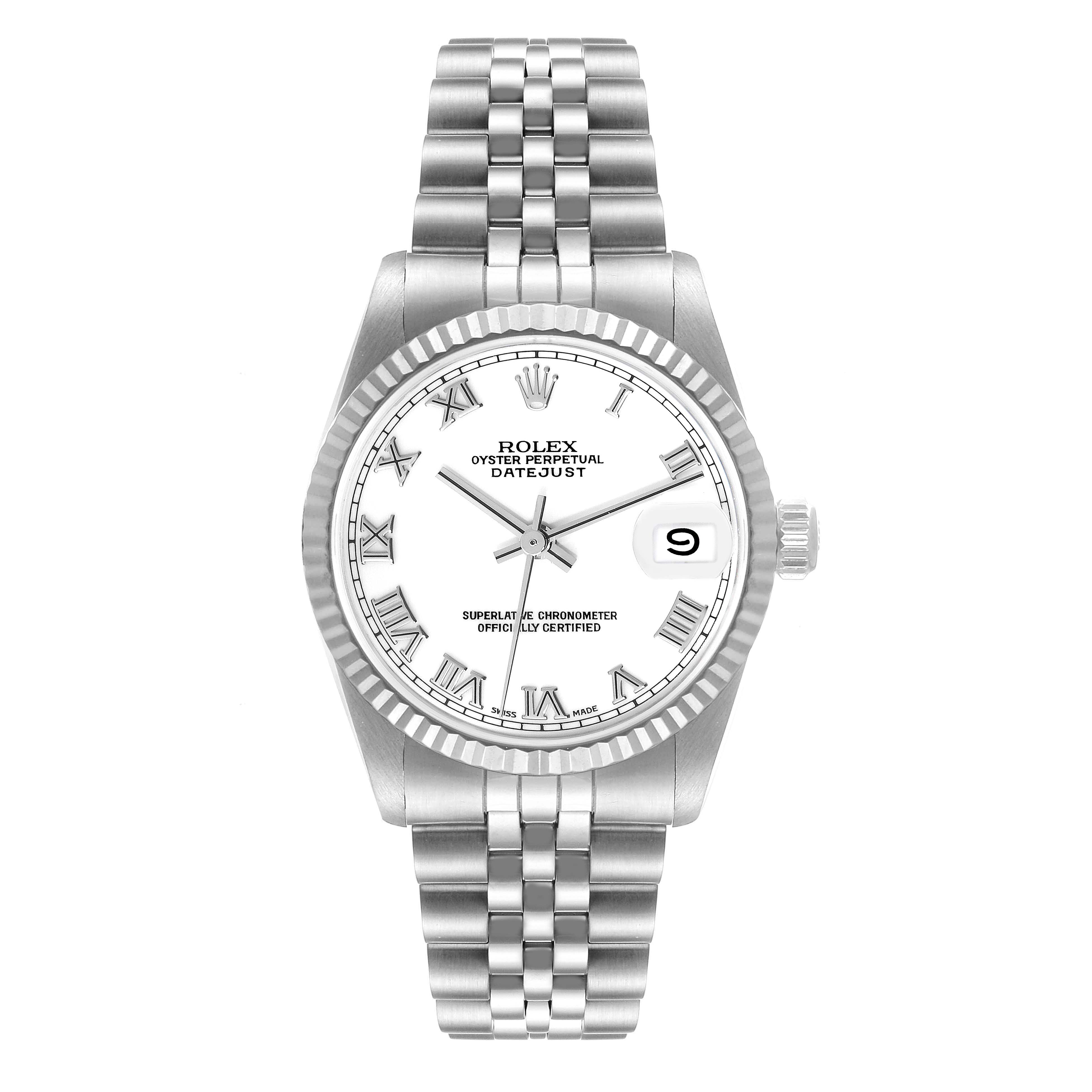 This image shows a front view of a Mid-Size Rolex Oyster Perpetual Datejust watch with a white dial and stainless steel bracelet.